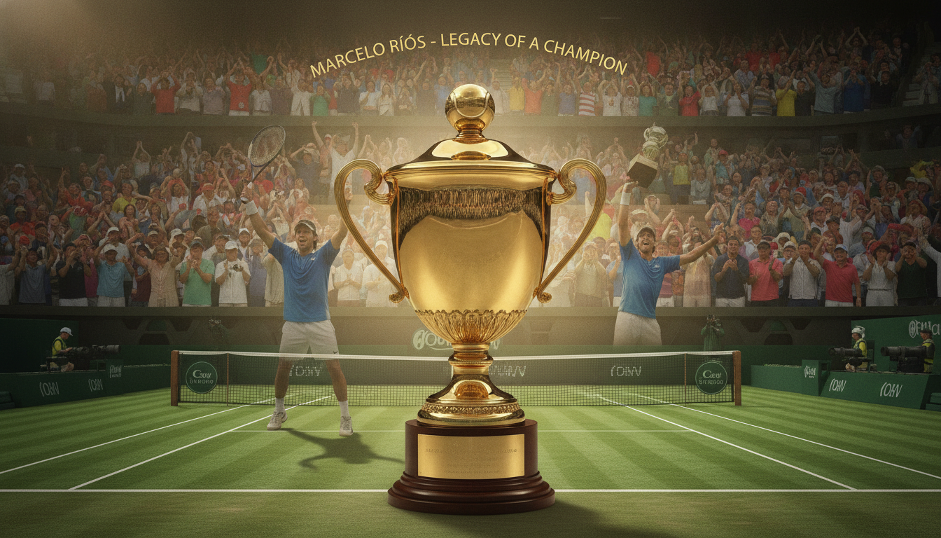 A dynamic composition showcasing the achievements of Marcelo Ríos in tennis during his remarkable career. In the foreground, a shiny, gold trophy gleams, symbolizing his Grand Slam victories. Behind it, a collage of iconic tennis moments, such as him holding trophies, playing on the court, and celebrating victories, rendered in soft focus to emphasize depth. The middle section includes a lush tennis court with vibrant green grass, while the background features a cheering crowd dressed in colorful attire, capturing the excitement of sporting events. Warm, ambient lighting bathes the scene, creating an inspiring and celebratory atmosphere. The image should be vibrant yet respectful, highlighting Ríos' legacy in a professional manner.