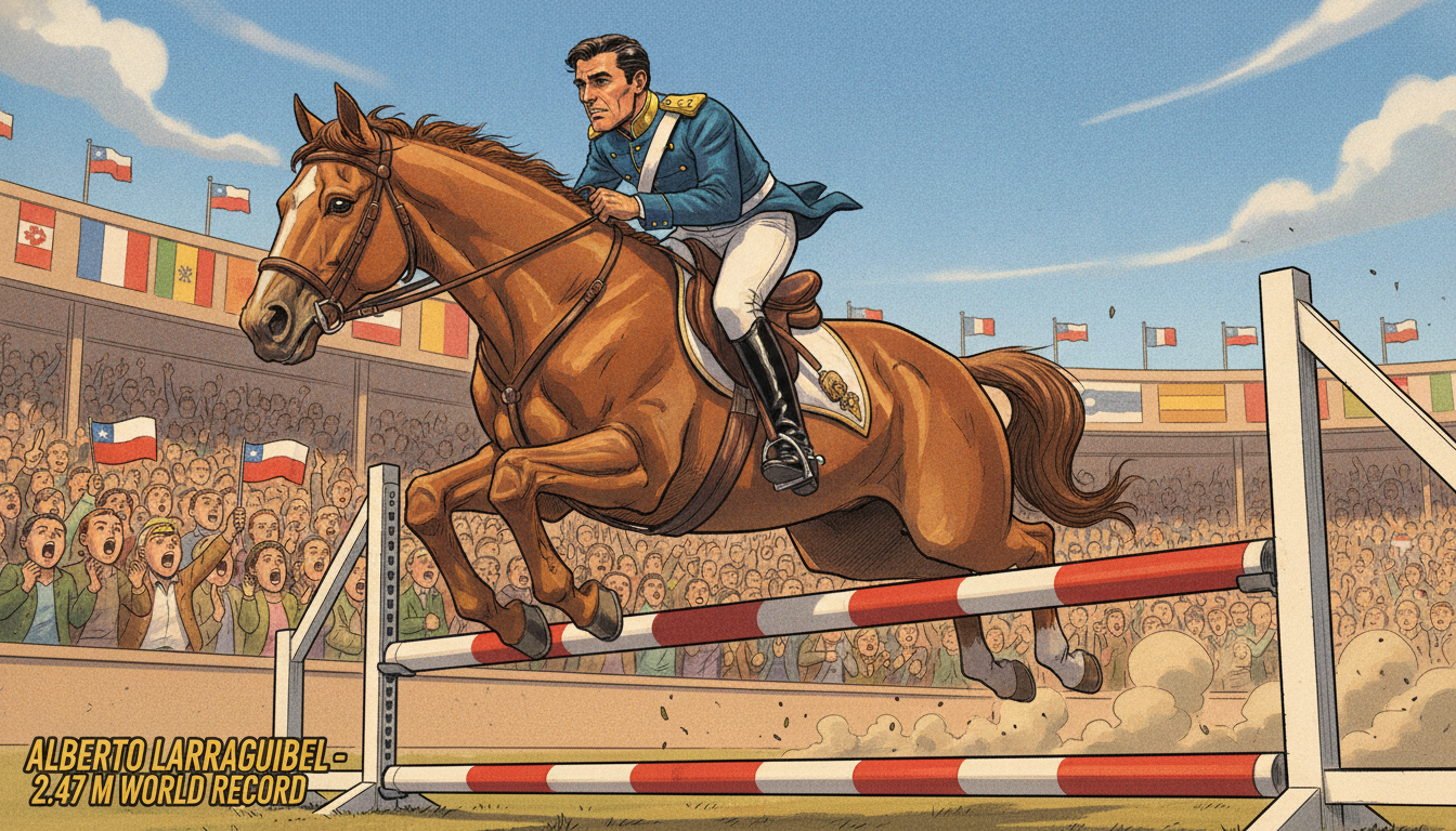 A dynamic illustration capturing the legacy of Alberto Larraguibel, showcasing him mid-jump in a vibrant setting. In the foreground, depict Larraguibel in a classic equestrian uniform, emphasizing focus and strength as he and his horse soar gracefully over a high hurdle, symbolizing his world record leap of 2.47 meters. The middle ground should feature a cheering crowd, with expressions of awe and admiration, set against the backdrop of a colorful stadium filled with flags. The background is a bright blue sky, suggesting a sense of hope and achievement. Use warm lighting to evoke a feeling of nostalgia and excitement, shot with a slightly low angle to emphasize the majesty of the jump, creating an inspiring and uplifting atmosphere.