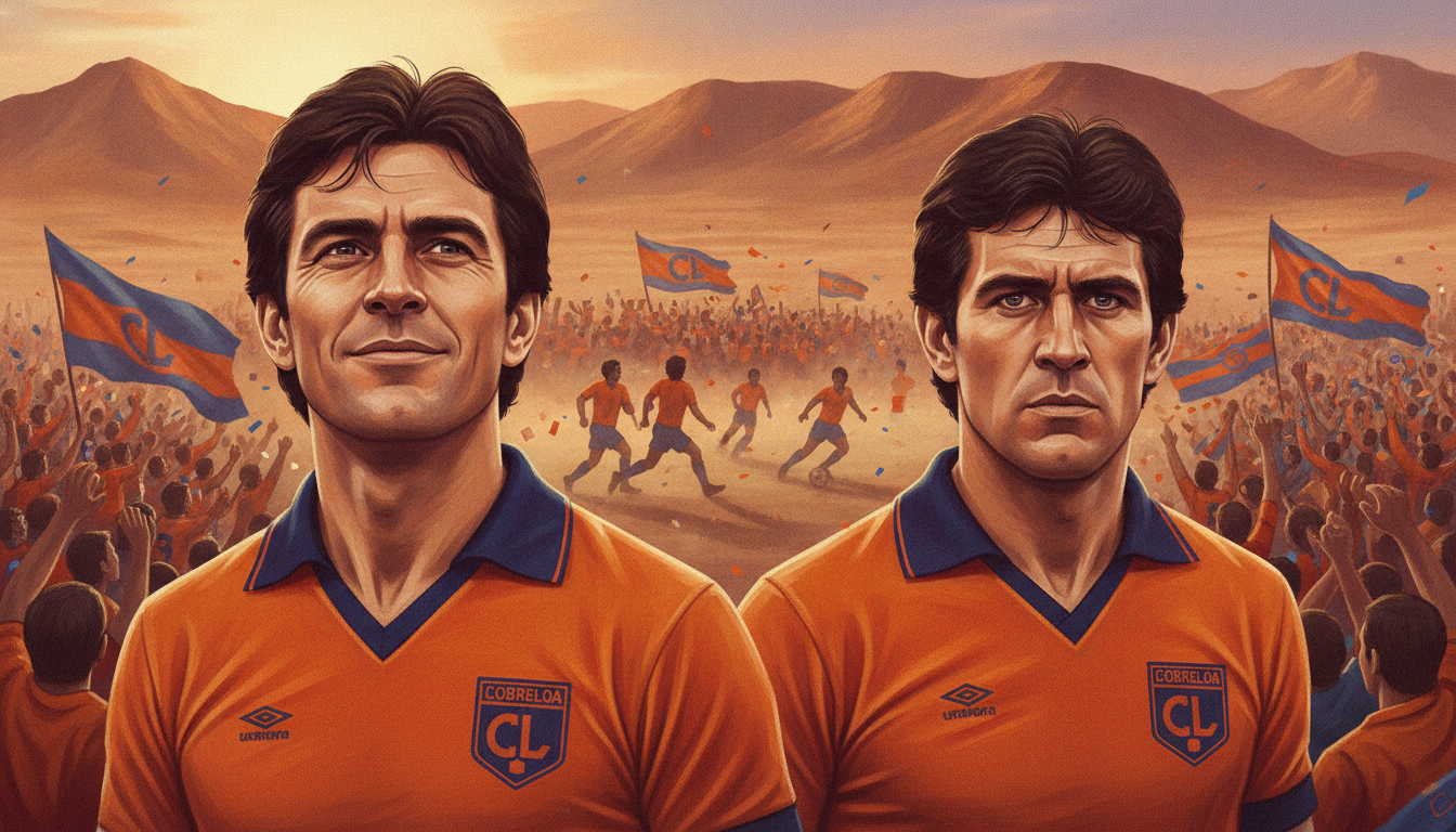 A dynamic illustration showcasing the iconic legacy of Chilean football legends, featuring portraits of Víctor Merello and Jorge Luis Siviero in the foreground. Merello is depicted in a classic Cobreloa jersey, showcasing his confident demeanor, while Siviero stands proudly beside him, exuding determination. In the middle ground, hints of past football matches and fan celebrations fill the scene, with blurred images of cheering crowds and Cobreloa flags waving. The background reveals the majestic Chilean desert under a vivid sunset, casting a warm glow over the scene, enhancing the nostalgic atmosphere. Use soft lighting to evoke a sense of pride and history, with a focus emphasizing key players' expressive features. The angle is slightly tilted upward to convey a sense of grandeur and legacy, capturing the essence of their impact on Chilean football.