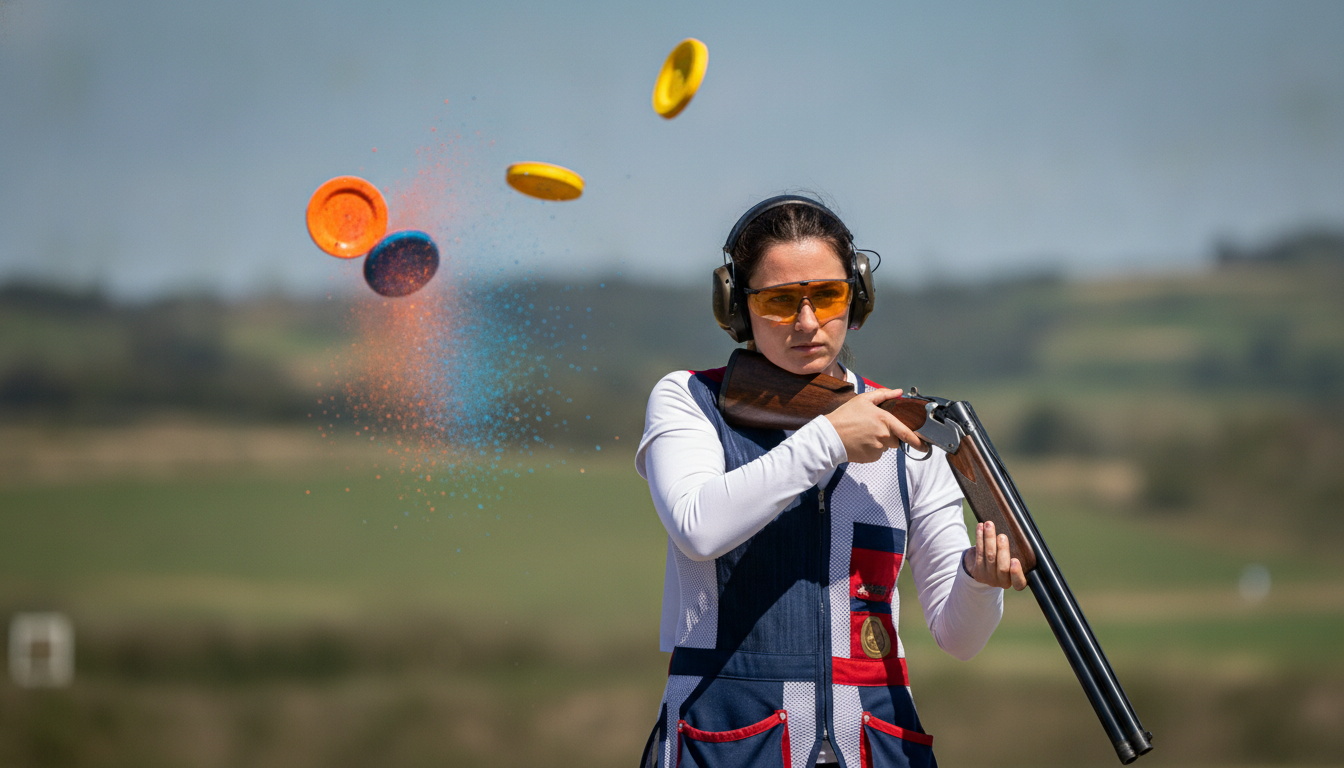 A dynamic scene capturing Francisca Crovetto, a skilled Chilean female shooter, in a precision clay shooting moment. In the foreground, she stands confidently, wearing a professional shooting vest and protective eyewear, focused on the target. Her stance is strong and determined, with a shotgun raised expertly to her shoulder, ready to shoot. In the middle ground, brightly colored clay targets are soaring through the air, some just bursting apart in a colorful spray. The background features a blurred shooting range with gentle green hills and a clear blue sky, emphasizing the sport's outdoor nature. The lighting is bright and natural, highlighting her concentration and skill, with a shallow depth of field to center attention on Francisca's form. The atmosphere conveys energy, precision, and excellence in sport.
