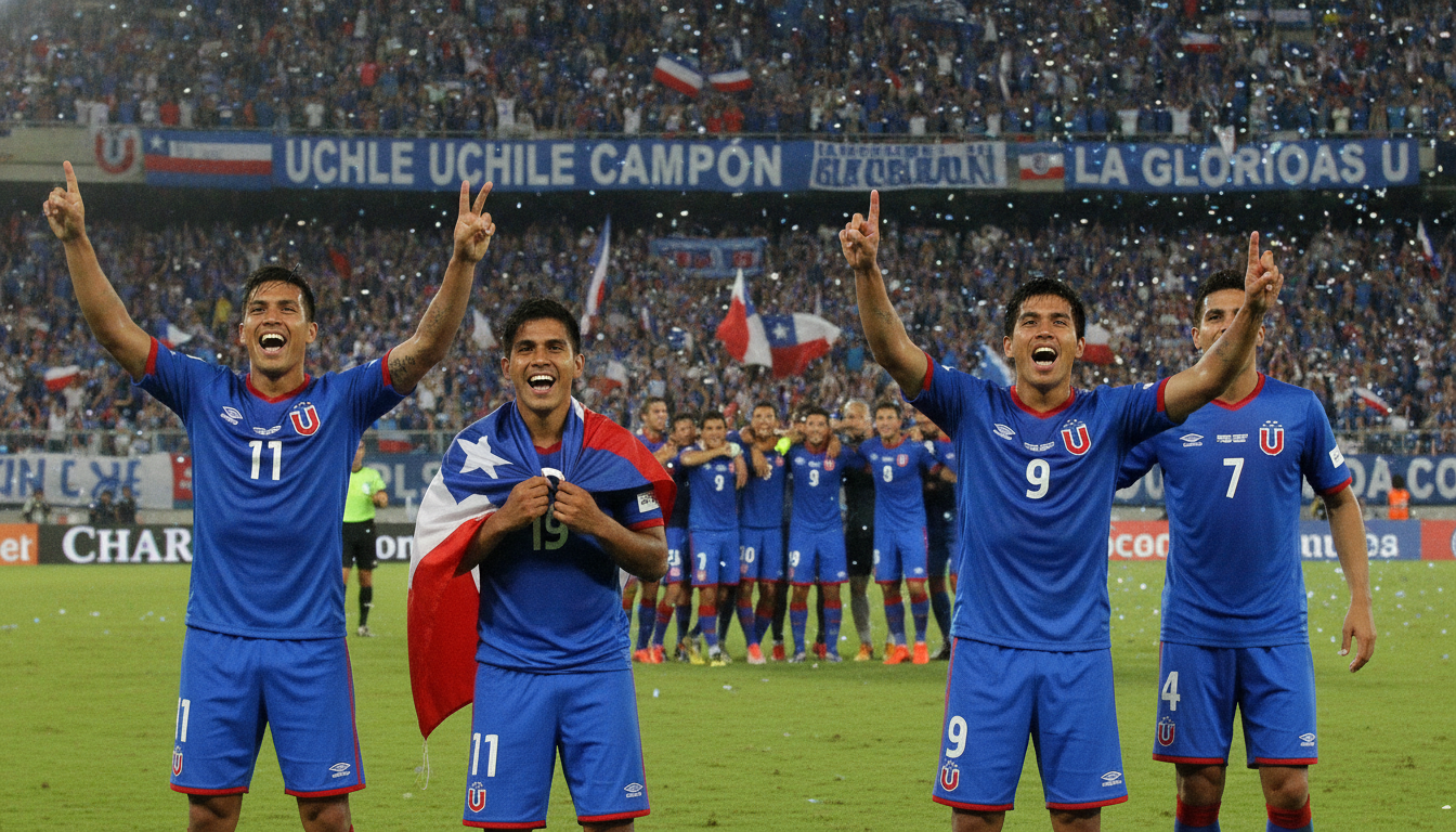 A dynamic scene capturing the Universidad de Chile soccer team during the Copa Sudamericana 2011, showcasing the players in their striking blue uniforms, celebrating victory. In the foreground, several key players are depicted with joyful expressions, raising their arms in triumph. The middle ground features the team huddled together, displaying their camaraderie and unity, while the background reveals a packed stadium with enthusiastic fans waving flags and banners, creating a vibrant atmosphere. The lighting is bright and energetic, conveying the excitement of a championship match, while a slightly blurred audience adds depth and focus on the players. The image should evoke a sense of pride, teamwork, and achievement as the team stands victorious.