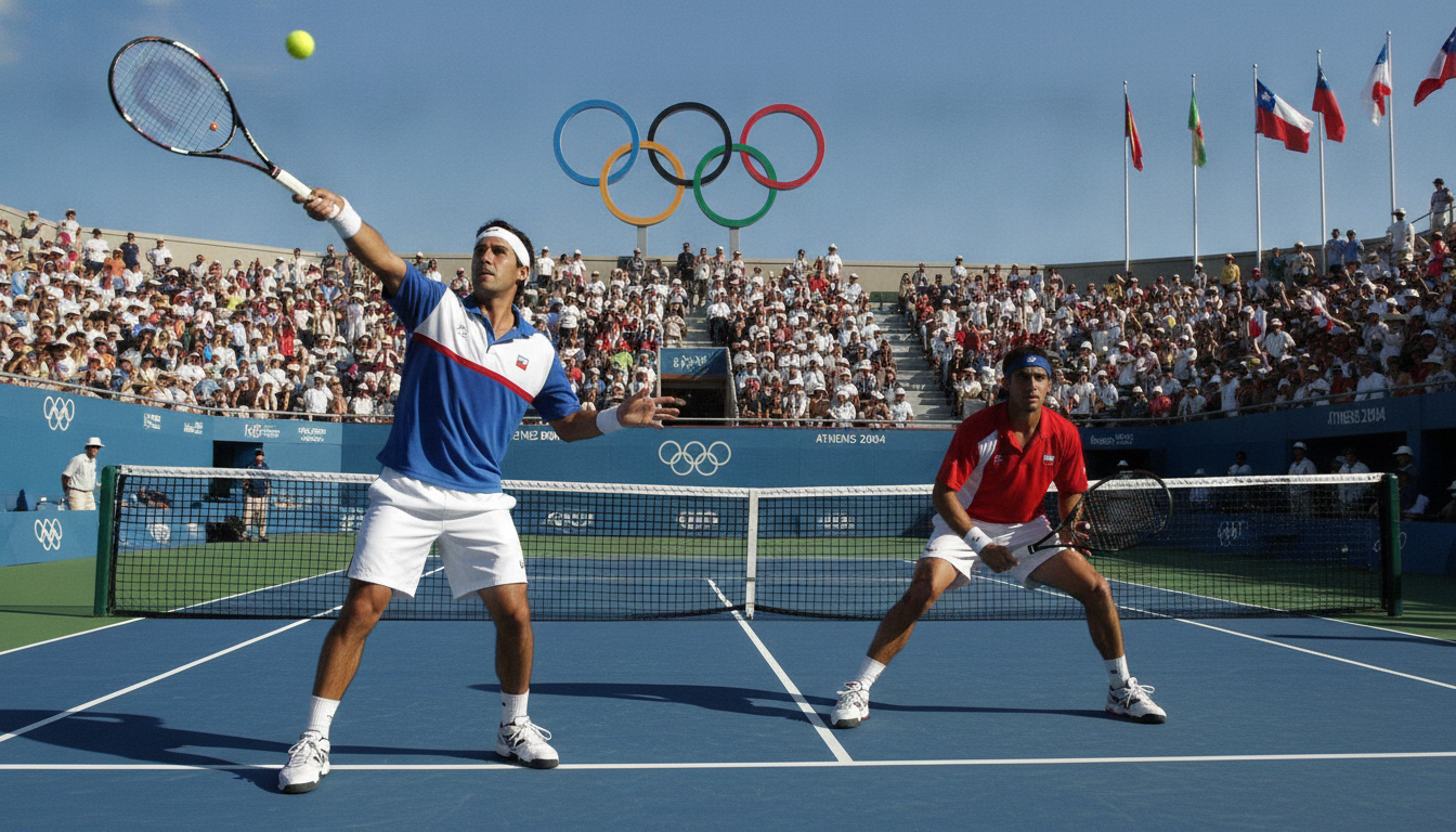 A dynamic scene capturing the excitement of tennis tournaments, featuring two male athletes in action. In the foreground, visualize athletes Massú and González wearing professional tennis attire, focused on a match. Massú is poised to serve while González is ready at the net, both displaying determination and athleticism. The middle ground features a vibrant tennis court, complete with audience members cheering, adding to the atmosphere. In the background, the iconic Olympic rings and flags flutter against a sunny sky, emphasizing the setting of the Athens 2004 Olympics. The lighting is bright and natural, casting dramatic shadows on the court for a lively feel. The mood is exhilarating and inspiring, showcasing teamwork and the competitive spirit of the tournaments.