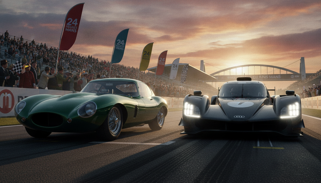 A dynamic scene capturing the history and evolution of the 24 Hours of Le Mans car race. In the foreground, two race cars from different eras - a classic 1950s racer with sleek, retro curves and a modern, aerodynamic prototype - are positioned in a dramatic side-by-side pose, showcasing their contrasting designs. The middle ground features a blurred crowd of enthusiastic fans, clad in casual but neat attire, cheering under vibrant banners. The background showcases the iconic Le Mans circuit, with the famous grandstands and checkered flags hinting at the energy of the event. The atmosphere is charged with excitement, highlighted by the warm glow of sunset lighting, creating elongated shadows and emphasizing the sleek lines of the cars. The lens perspective is slightly low, enhancing the stature of the racing vehicles against the dynamic sky. A dynamic scene capturing the history and evolution of the 24 Hours of Le Mans car race. In the foreground, two race cars from different eras - a classic 1950s racer with sleek, retro curves and a modern, aerodynamic prototype - are positioned in a dramatic side-by-side pose, showcasing their contrasting designs. The middle ground features a blurred crowd of enthusiastic fans, clad in casual but neat attire, cheering under vibrant banners. The background showcases the iconic Le Mans circuit, with the famous grandstands and checkered flags hinting at the energy of the event. The atmosphere is charged with excitement, highlighted by the warm glow of sunset lighting, creating elongated shadows and emphasizing the sleek lines of the cars. The lens perspective is slightly low, enhancing the stature of the racing vehicles against the dynamic sky.