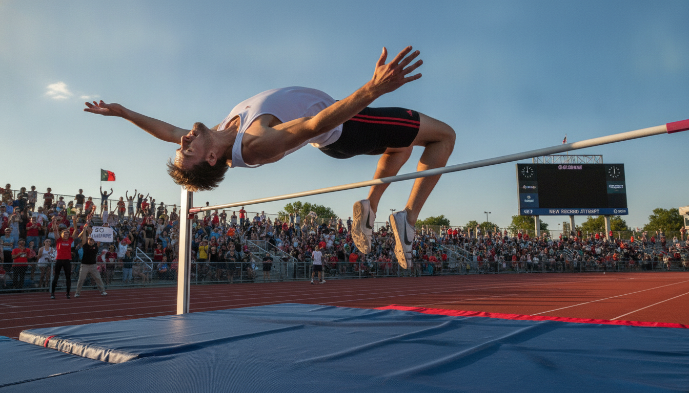 A dynamic scene capturing the technique of the Fosbury Flop in high jump. In the foreground, an athlete in a simple athletic outfit, showcasing perfect form as they leap backward over a high jump bar. The jumper's body arches gracefully, arms extended, with a look of concentration and determination. In the middle ground, a high jump pit with spectators in the background, some cheering enthusiastically. The background features a well-maintained outdoor athletic track under a clear blue sky. Soft sunlight casts long shadows and enhances the vibrant colors of the scene, creating an atmosphere of innovation and excitement in athletics. The composition should be captured from a low angle, emphasizing the height achieved by the athlete, with a focus on movement and energy.
