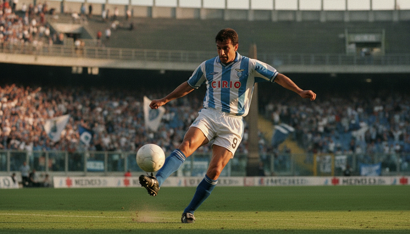 A dynamic scene depicting Marcelo Salas in his Lazio jersey during a pivotal moment on the field, showcasing his elegant left foot in mid-kick. The foreground features Salas, a skilled and focused player, refined details in his musculature and facial expression conveying determination. The middle ground captures the vibrant atmosphere of the Stadio Olimpico, with fans in Lazio colors cheering passionately. The background reveals an iconic view of the stadium, subtly out of focus. The lighting is bright and natural, reminiscent of a late afternoon match under the Italian sun, enhancing the vibrant blue and white of the Lazio kit. The overall mood is one of excitement and intensity, celebrating Salas's profound impact and legacy in Italian football. A dynamic scene depicting Marcelo Salas in his Lazio jersey during a pivotal moment on the field, showcasing his elegant left foot in mid-kick. The foreground features Salas, a skilled and focused player, refined details in his musculature and facial expression conveying determination. The middle ground captures the vibrant atmosphere of the Stadio Olimpico, with fans in Lazio colors cheering passionately. The background reveals an iconic view of the stadium, subtly out of focus. The lighting is bright and natural, reminiscent of a late afternoon match under the Italian sun, enhancing the vibrant blue and white of the Lazio kit. The overall mood is one of excitement and intensity, celebrating Salas's profound impact and legacy in Italian football.