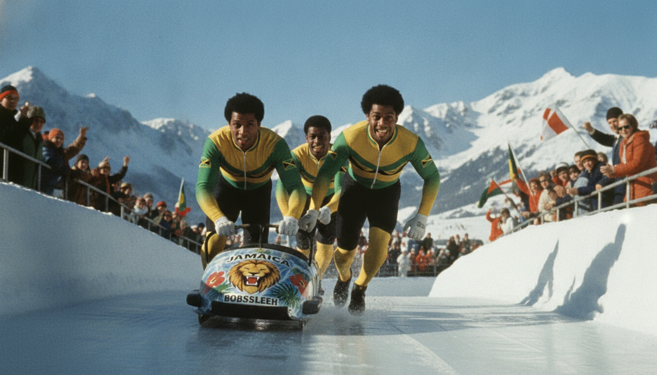 A dynamic scene of the Jamaican bobsleigh team from 1988, showcasing the four athletes in their vibrant uniforms, full of energy and determination. In the foreground, emphasize the team members in action, intensely focused, embodying their can-do spirit. The middle ground features their iconic bobsleigh, designed to reflect both their Caribbean heritage and the sport's competitive nature. The background captures snowy Olympic mountains under a bright, clear sky, with an audience cheering in excitement. Use dramatic lighting to highlight the athletes, casting sharp shadows that evoke a sense of movement and urgency. The atmosphere should be inspiring and exhilarating, celebrating the team's unique journey and the spirit of competition. The composition should convey energy, ambition, and the thrill of the bobsleigh experience.