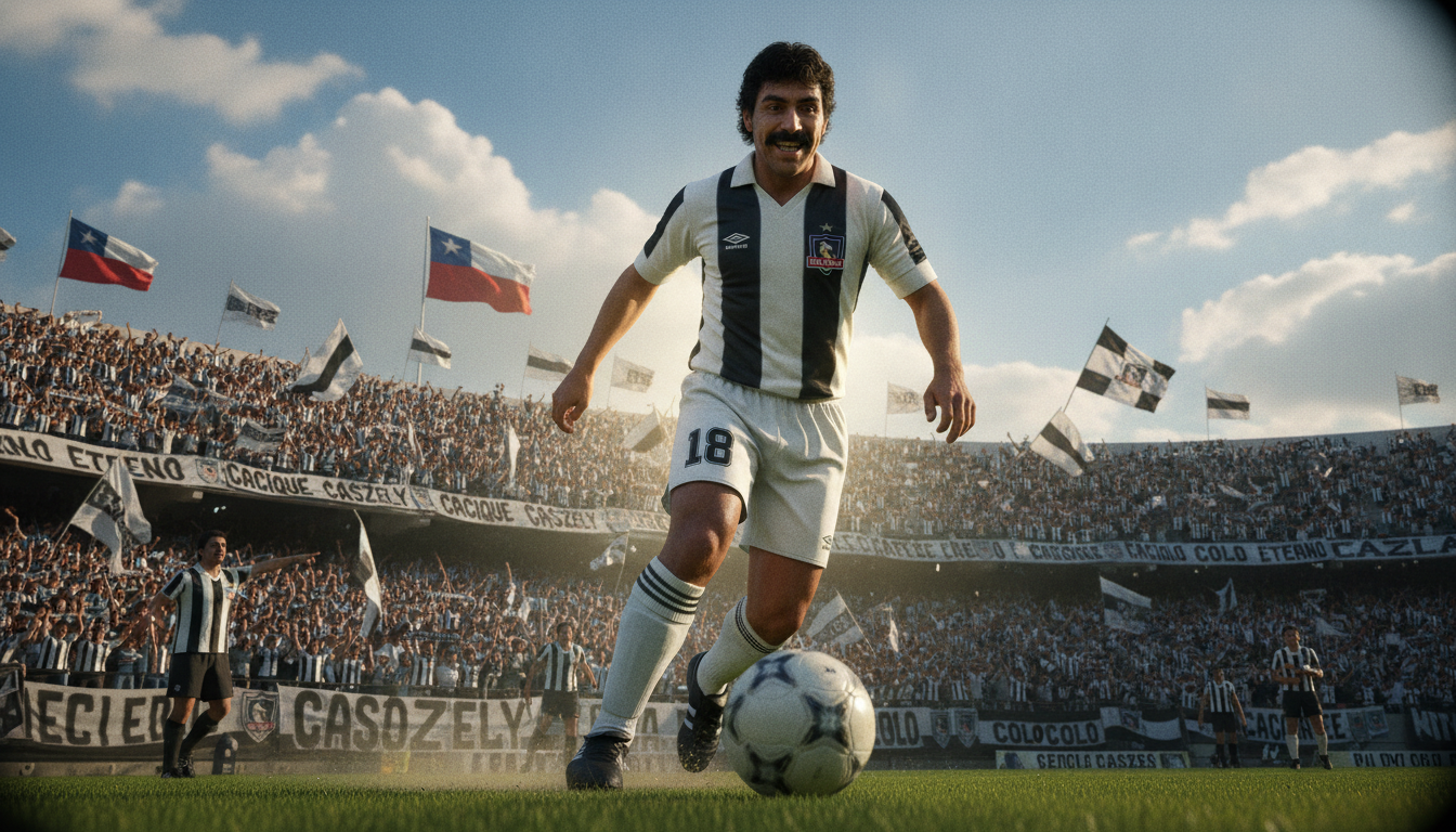 A dynamic scene showcasing Carlos Caszely, a renowned Chilean footballer, in an iconic moment on the pitch. In the foreground, he is depicted in a football jersey representing Colo Colo, dribbling the ball with intense focus and determination. His expression exudes passion and charisma, highlighting his legendary status in Chilen football history. The middle ground features a vibrant stadium filled with cheering fans, their faces reflecting excitement and admiration. In the background, a clear blue sky is visible, with hints of jubilant flags waving in support of the team. The lighting captures the action in sharp detail, with sunlight casting soft shadows around him, creating a lively and heroic atmosphere. The image should be shot from a low angle to emphasize his stature and evoke the spirit of celebration surrounding his legacy.