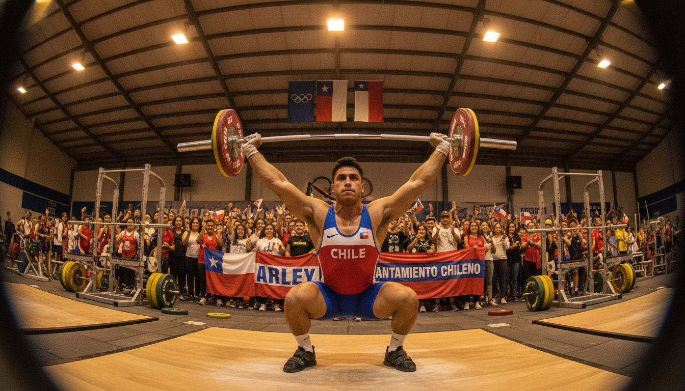 A dynamic scene showcasing the influence of Arley Méndez in Chilean weightlifting. In the foreground, a strongathlete resembling Méndez, dressed in a sleek, professional weightlifting uniform, is mid-lift with a barbell, showcasing determination and power. The middle ground features an audience of diverse fans, cheering and holding flags, capturing the excitement of a weightlifting competition. In the background, a vibrant gym environment with Olympic banners and weightlifting equipment, illuminated by bright overhead lights. The atmosphere is energetic and motivational, emphasizing the significance of weightlifting in Chile’s sports scene. The image should have a slight fisheye lens effect to enhance the sense of activity and emotion in the space, with a focus on warm lighting to evoke positivity and inspiration. A dynamic scene showcasing the influence of Arley Méndez in Chilean weightlifting. In the foreground, a strongathlete resembling Méndez, dressed in a sleek, professional weightlifting uniform, is mid-lift with a barbell, showcasing determination and power. The middle ground features an audience of diverse fans, cheering and holding flags, capturing the excitement of a weightlifting competition. In the background, a vibrant gym environment with Olympic banners and weightlifting equipment, illuminated by bright overhead lights. The atmosphere is energetic and motivational, emphasizing the significance of weightlifting in Chile’s sports scene. The image should have a slight fisheye lens effect to enhance the sense of activity and emotion in the space, with a focus on warm lighting to evoke positivity and inspiration.