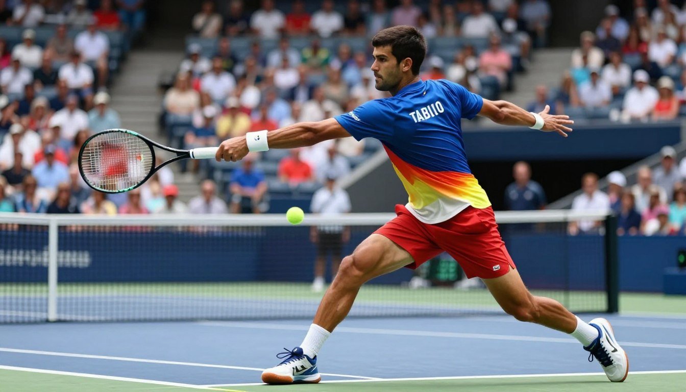 A dynamic tennis scene featuring Alejandro Tabilo hitting a powerful left-handed forehand during a match. In the foreground, Tabilo is focused and athletic, wearing a professional tennis outfit that includes a shirt and shorts in vibrant colors. He is captured in mid-swing, showcasing his strong wrist and unique grip. The middle ground illustrates the tennis court with a blurred net and lines, emphasizing his movement. The background shows a cheering crowd in a stadium, creating an energetic atmosphere. The lighting is bright, simulating an outdoor setting with sunlight reflecting off the court. The angle is slightly low, enhancing the intensity of the moment while putting Tabilo at the center of focus, evoking a sense of excitement and admiration for his skills.