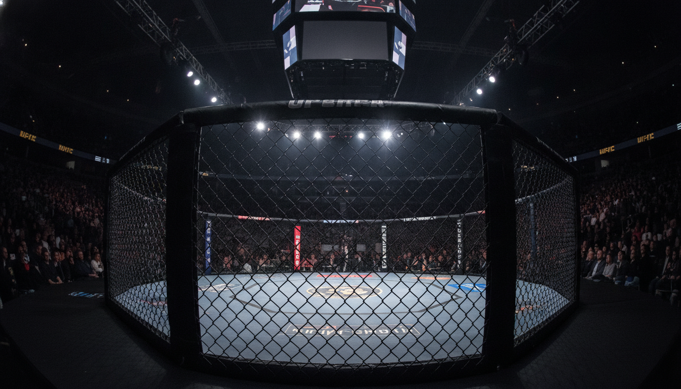 A dynamic view of a UFC octagon, set in the center of a well-lit arena, showcasing the unique design of a closed cage. In the foreground, strong metal mesh of the octagon is visible, emphasizing its octagonal shape and sturdy construction. In the middle ground, the octagon floor is illuminated with bright, dramatic lighting, highlighting the texture and materials used in the cage design. In the background, blurred silhouettes of spectators can be seen, adding to the atmosphere of excitement and anticipation. The lighting creates a vibrant contrast between shadows and highlights, evoking a sense of intensity and focus, capturing the essence of mixed martial arts within a closed cage environment. A dynamic view of a UFC octagon, set in the center of a well-lit arena, showcasing the unique design of a closed cage. In the foreground, strong metal mesh of the octagon is visible, emphasizing its octagonal shape and sturdy construction. In the middle ground, the octagon floor is illuminated with bright, dramatic lighting, highlighting the texture and materials used in the cage design. In the background, blurred silhouettes of spectators can be seen, adding to the atmosphere of excitement and anticipation. The lighting creates a vibrant contrast between shadows and highlights, evoking a sense of intensity and focus, capturing the essence of mixed martial arts within a closed cage environment.