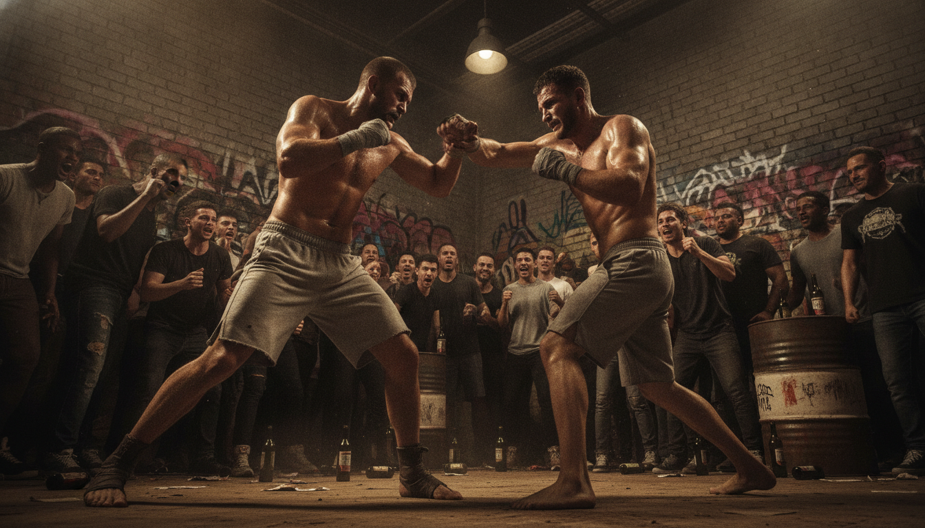 A gritty, intense scene depicting a bare-knuckle boxing match. In the foreground, two determined fighters, wearing modest athletic shorts and hand wraps, are engaged in an aggressive stance, showcasing dynamic techniques like footwork and punches. Their expressions convey focus and intensity. In the middle ground, a small yet enthusiastic crowd surrounds the makeshift ring, their eager faces illuminated by dramatic, high-contrast lighting. The background reveals an urban environment with graffiti on the walls and dim lighting, enhancing the raw atmosphere of the scene. Capture the action from a low angle for added drama, with shadows playing across the fighters' bodies, evoking the brutal yet captivating spirit of bare-knuckle boxing. The overall mood should be one of tension and adrenaline, reflecting the fierce nature of the sport. A gritty, intense scene depicting a bare-knuckle boxing match. In the foreground, two determined fighters, wearing modest athletic shorts and hand wraps, are engaged in an aggressive stance, showcasing dynamic techniques like footwork and punches. Their expressions convey focus and intensity. In the middle ground, a small yet enthusiastic crowd surrounds the makeshift ring, their eager faces illuminated by dramatic, high-contrast lighting. The background reveals an urban environment with graffiti on the walls and dim lighting, enhancing the raw atmosphere of the scene. Capture the action from a low angle for added drama, with shadows playing across the fighters' bodies, evoking the brutal yet captivating spirit of bare-knuckle boxing. The overall mood should be one of tension and adrenaline, reflecting the fierce nature of the sport.