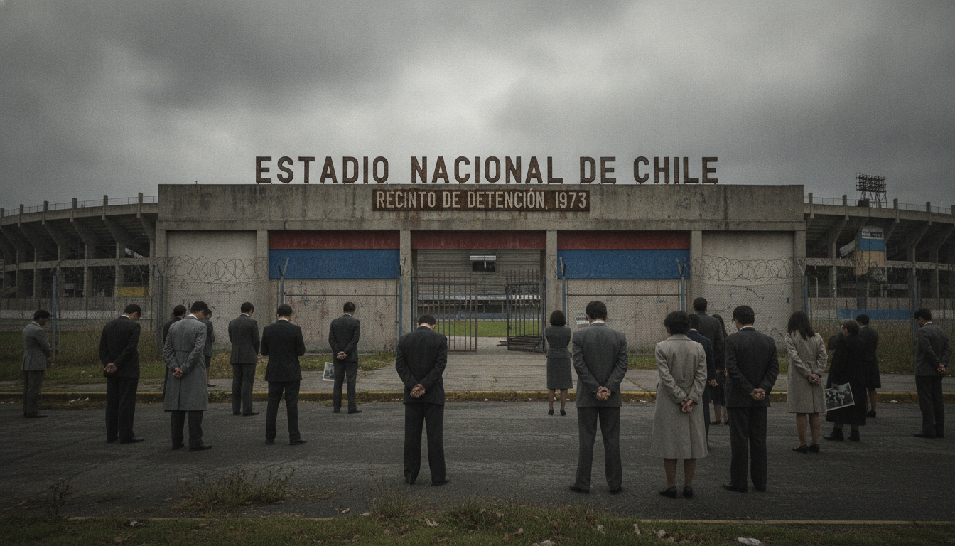 A historical depiction of Estadio Nacional in Chile, showcasing its dual identity as a former sports arena and a site of political detention. In the foreground, a weathered building resembling the stadium is visible, with a faded entrance and barbed wire hinting at its darker past. In the middle ground, a sparse audience is present, dressed in business attire, gazing somberly at the stadium. The background features cloudy skies, casting a gloomy, reflective atmosphere. The lighting is soft and overcast, creating a melancholic mood that emphasizes the weight of history. The angle is slightly elevated, offering a comprehensive view that captures both the architectural details of the stadium and the emotional resonance of its past. A historical depiction of Estadio Nacional in Chile, showcasing its dual identity as a former sports arena and a site of political detention. In the foreground, a weathered building resembling the stadium is visible, with a faded entrance and barbed wire hinting at its darker past. In the middle ground, a sparse audience is present, dressed in business attire, gazing somberly at the stadium. The background features cloudy skies, casting a gloomy, reflective atmosphere. The lighting is soft and overcast, creating a melancholic mood that emphasizes the weight of history. The angle is slightly elevated, offering a comprehensive view that captures both the architectural details of the stadium and the emotional resonance of its past.