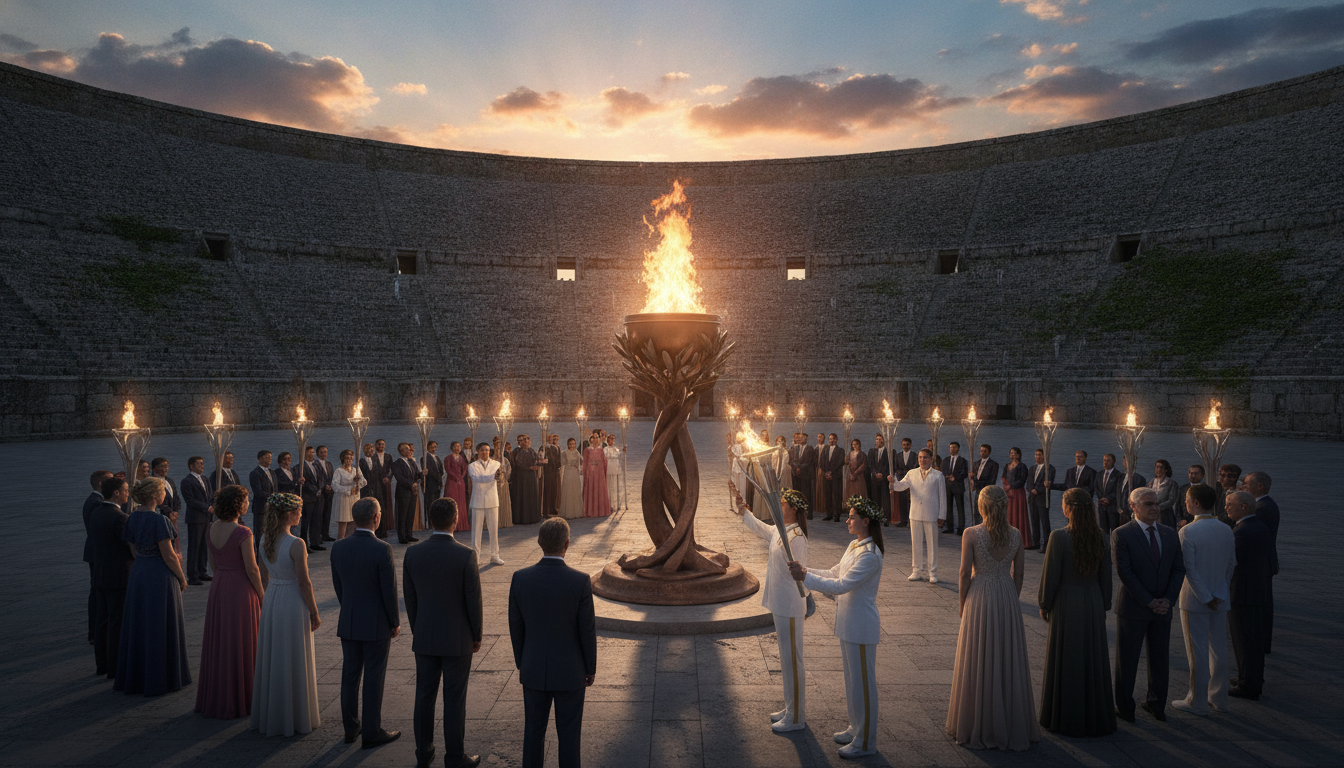 A majestic Olympic flame ceremony takes place at the center of a grand, ancient stadium. In the foreground, a group of elegantly dressed athletes and dignitaries, wearing professional attire, gather around a beautifully crafted cauldron that holds the flickering flame. Their expressions convey pride and excitement. In the middle ground, intricate torches designed for the event are visible, each with a glowing flame, symbolizing unity and peace. The background features a vibrant sky transitioning from golden hues to deep blue, illuminating the scene with a soft, warm glow. Subtle rays of sunlight pierce through fluffy white clouds, enhancing the atmosphere of hope and celebration. The image captures the solemnity and grandeur of this timeless tradition, conveying a sense of history and anticipation as the flame prepares to embark on its journey. A majestic Olympic flame ceremony takes place at the center of a grand, ancient stadium. In the foreground, a group of elegantly dressed athletes and dignitaries, wearing professional attire, gather around a beautifully crafted cauldron that holds the flickering flame. Their expressions convey pride and excitement. In the middle ground, intricate torches designed for the event are visible, each with a glowing flame, symbolizing unity and peace. The background features a vibrant sky transitioning from golden hues to deep blue, illuminating the scene with a soft, warm glow. Subtle rays of sunlight pierce through fluffy white clouds, enhancing the atmosphere of hope and celebration. The image captures the solemnity and grandeur of this timeless tradition, conveying a sense of history and anticipation as the flame prepares to embark on its journey.
