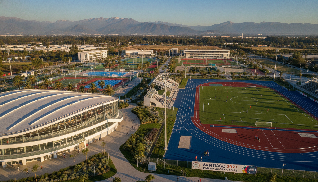 A modern sports complex showcasing the infrastructure of the Santiago 2023 Pan American Games, with sleek, state-of-the-art architecture in the foreground, including an indoor arena and an outdoor athletics track. In the middle ground, vibrant green spaces and well-maintained facilities, bustling with athletes and families engaged in various sports activities, symbolize community involvement and legacy. The background features the Andes mountains under a clear blue sky, providing a scenic backdrop. The scene is illuminated by warm, inviting afternoon sunlight, creating a lively atmosphere. Use a wide-angle perspective to capture the expansive layout, focusing on both people and structures to convey a sense of unity and progress in national sports heritage.