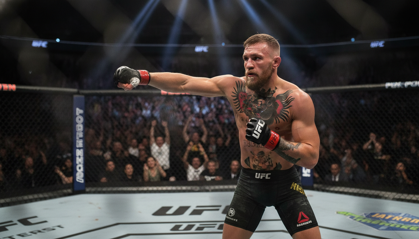 A powerful depiction of Conor McGregor in an octagonal UFC cage, showcasing his dynamic athleticism and determination. In the foreground, McGregor is mid-punch, wearing a fitted sports attire with a focused expression. His defined muscles and tattoos are visible, emphasizing his fighting prowess. The middle ground features a cheering crowd with blurred faces, representing the excitement of a live event. The background includes bright arena lights and a large UFC logo on the canvas, creating an electric atmosphere. The image should have a dramatic lighting effect, highlighting McGregor’s figure while casting shadows that enhance the intensity of the moment. The overall mood conveys triumph, ambition, and a formidable presence in the world of mixed martial arts.