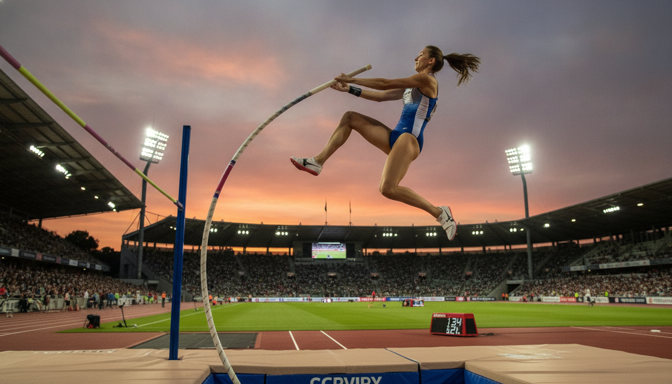 A professional pole vault athlete in mid-jump, soaring gracefully with a pole extended. The foreground captures the athlete’s focused expression and dynamic pose, wearing a fitted athletic outfit that showcases precision and professionalism. In the middle, the pole vaulting equipment is intricately detailed, with the pole clearly visible, bending slightly under tension. The background features a well-maintained track and field stadium, set under bright stadium lights that illuminate the scene, adding drama and excitement. The angle is slightly low, emphasizing the height of the jump, as dusk colors the sky with warm hues, creating an inspiring and energetic atmosphere. The composition conveys movement and the thrill of athletic competition, reflecting the spirit of pole vaulting regulations and equipment. A professional pole vault athlete in mid-jump, soaring gracefully with a pole extended. The foreground captures the athlete’s focused expression and dynamic pose, wearing a fitted athletic outfit that showcases precision and professionalism. In the middle, the pole vaulting equipment is intricately detailed, with the pole clearly visible, bending slightly under tension. The background features a well-maintained track and field stadium, set under bright stadium lights that illuminate the scene, adding drama and excitement. The angle is slightly low, emphasizing the height of the jump, as dusk colors the sky with warm hues, creating an inspiring and energetic atmosphere. The composition conveys movement and the thrill of athletic competition, reflecting the spirit of pole vaulting regulations and equipment.