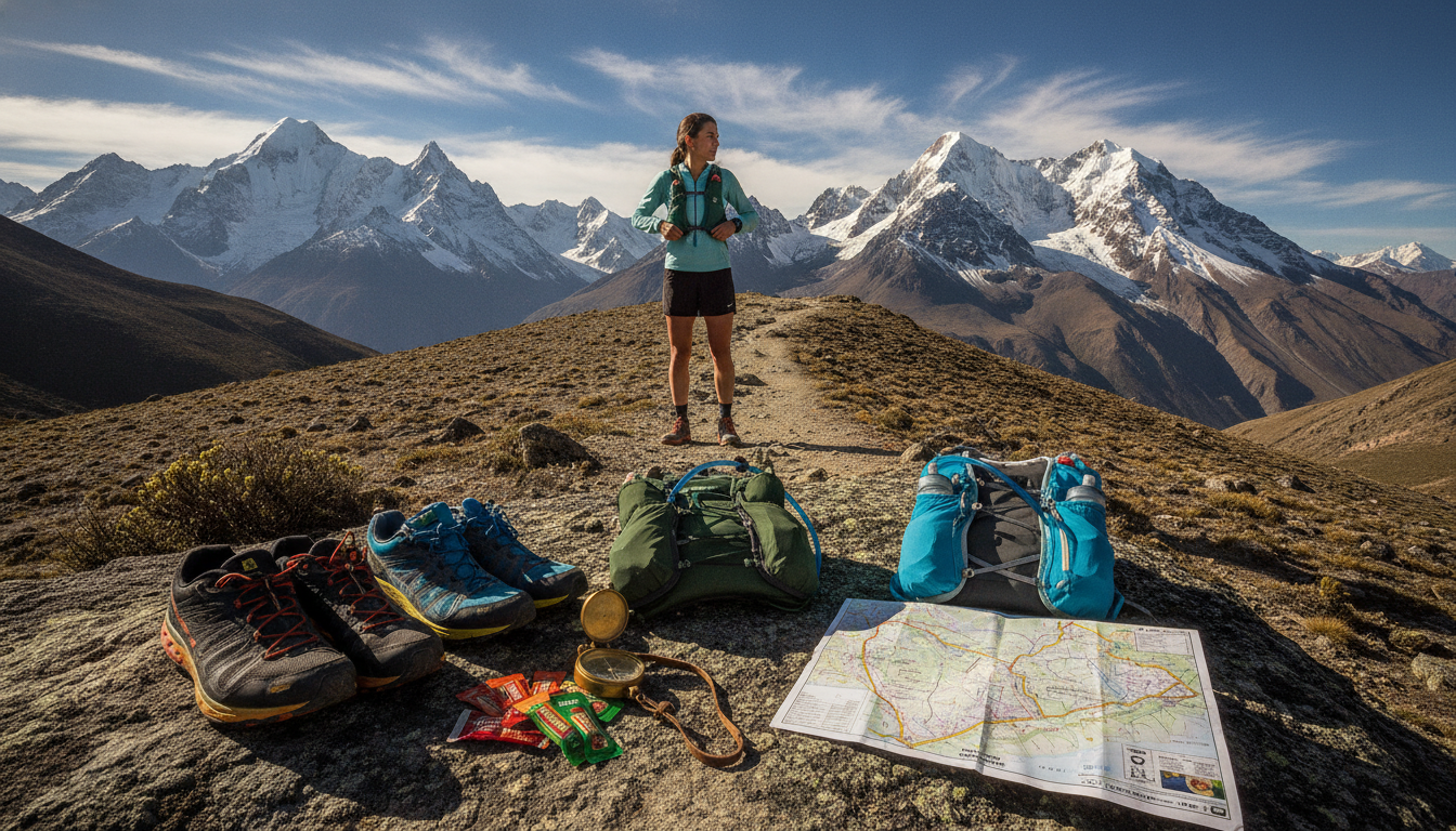 A scenic trail running setup in the Andes Mountains, showcasing essential gear for outdoor adventure. In the foreground, display a neatly arranged collection of trail running shoes, hydration packs, a compass, energy gels, and a map, all resting on rocky terrain. In the middle ground, depict a runner dressed in professional, lightweight athletic attire, focused and preparing to embark on a challenging mountain trail, with their gaze toward the path ahead. The background features the majestic Andes, with towering snow-capped peaks under a bright blue sky, punctuated by wispy clouds. The lighting is bright and vibrant, capturing the vitality of a sunny mountain day, creating an inspiring and adventurous atmosphere perfect for extreme athletes. A scenic trail running setup in the Andes Mountains, showcasing essential gear for outdoor adventure. In the foreground, display a neatly arranged collection of trail running shoes, hydration packs, a compass, energy gels, and a map, all resting on rocky terrain. In the middle ground, depict a runner dressed in professional, lightweight athletic attire, focused and preparing to embark on a challenging mountain trail, with their gaze toward the path ahead. The background features the majestic Andes, with towering snow-capped peaks under a bright blue sky, punctuated by wispy clouds. The lighting is bright and vibrant, capturing the vitality of a sunny mountain day, creating an inspiring and adventurous atmosphere perfect for extreme athletes.