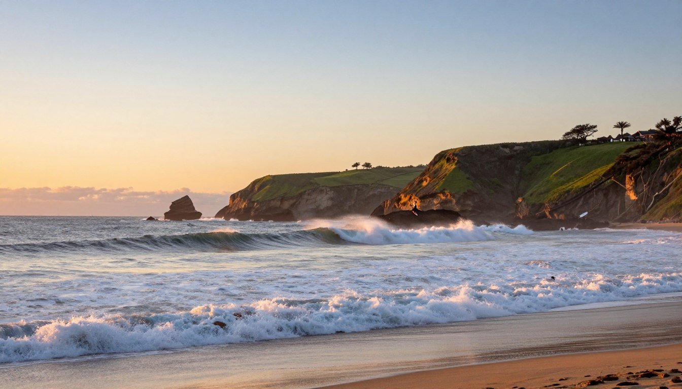 A scenic view of Pichilemu, capturing the essence of its coastal climate and wave conditions. In the foreground, rolling waves crash onto a sandy beach, with surfers gliding gracefully through the water. The middle layer features lush green cliffs and natural formations lining the coastline, while a few surfers showcase their skills against the backdrop of dramatic, foamy waves. In the background, a vibrant sky transitions from soft blues to warm oranges as the sun sets, casting golden light on the ocean. Include clear details of wave patterns and the texture of the sand. The scene evokes an adventurous and invigorating atmosphere, perfect for surf enthusiasts. Use a wide-angle lens to capture the breadth of the view, emphasizing the majestic landscape and serene energy of Pichilemu.