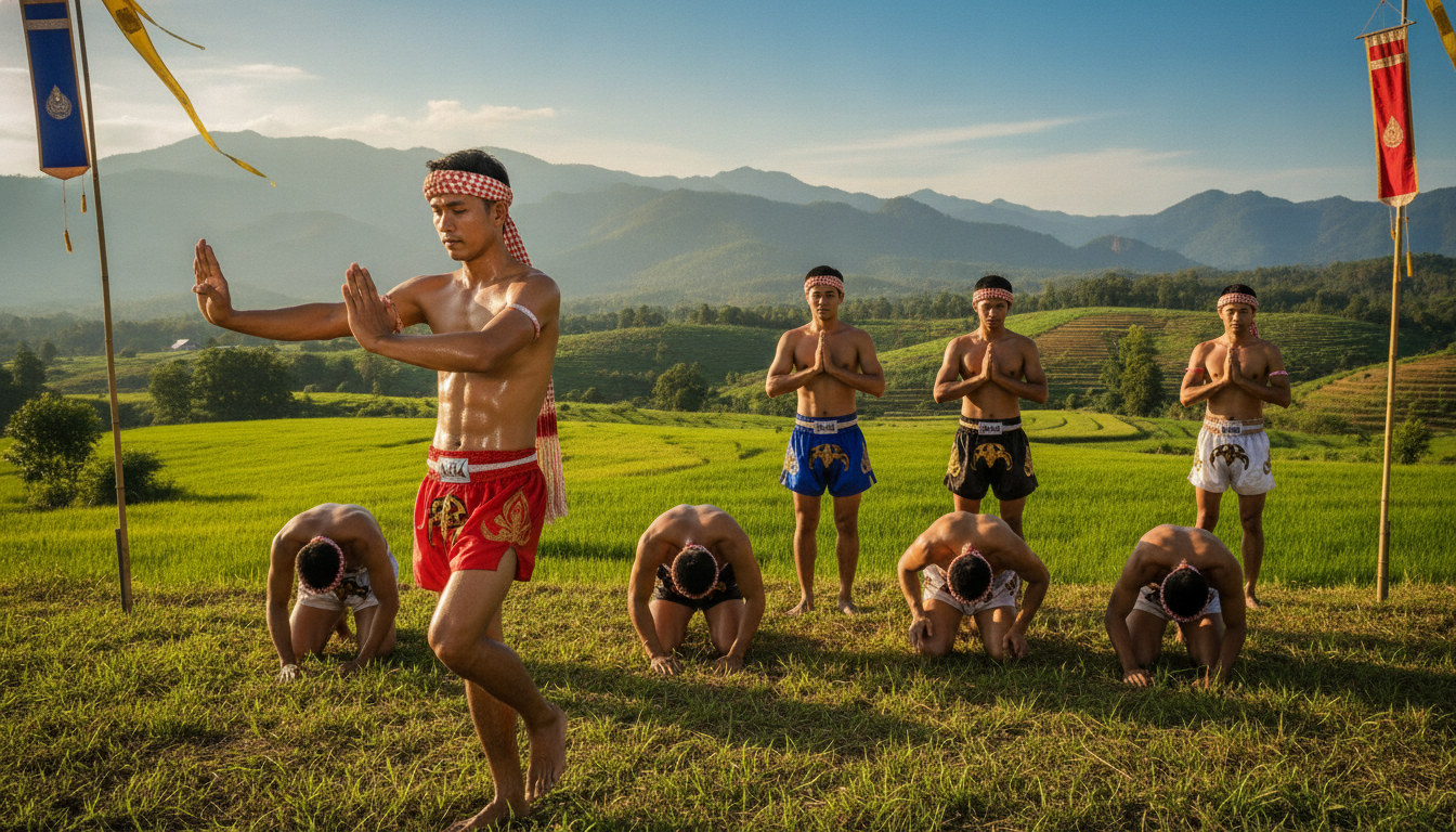 A serene and dynamic depiction of a traditional Thai "Wai Kru Ram Muay" ceremony taking place in a lush outdoor setting. In the foreground, a skilled male Muay Thai fighter, dressed in traditional shorts and ceremonial headgear, performs a graceful, fluid movement, embodying strength and spirituality. The middle ground features a group of other fighters in similar attire, engaged in various poses of respect and focus, showcasing unity and commitment to their art. The background includes a vibrant landscape of green rice paddies under a clear blue sky, with distant mountains adding depth. Soft, warm sunlight enhances the atmosphere, creating an uplifting mood of reverence and cultural heritage. The image captures the essence of the ritual, highlighting its historical significance in Thai culture.