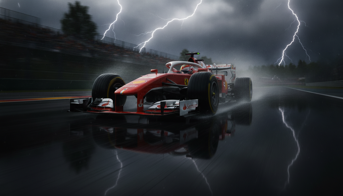 A skilled Formula 1 driver, donned in a sleek, modern racing suit, expertly maneuvers a car through a rain-soaked racetrack. The foreground captures the intensity in the driver's focused eyes, showcasing a confident grip on the steering wheel as droplets whip through the air. In the middle, the vibrant red and white of the F1 car contrasts with the dark, slick asphalt, where tire marks and splashes of water create a dynamic sense of motion. The background features blurred silhouettes of grandstands and distant trees, shrouded in a heavy downpour, with dramatic clouds overhead illuminated by flashes of lightning. The overall atmosphere exudes excitement and tension, emphasizing the exceptional talent required to drive proficiently in such extreme conditions. The scene is dramatically lit, capturing both the reflections on the wet track and the powerful presence of the car. A skilled Formula 1 driver, donned in a sleek, modern racing suit, expertly maneuvers a car through a rain-soaked racetrack. The foreground captures the intensity in the driver's focused eyes, showcasing a confident grip on the steering wheel as droplets whip through the air. In the middle, the vibrant red and white of the F1 car contrasts with the dark, slick asphalt, where tire marks and splashes of water create a dynamic sense of motion. The background features blurred silhouettes of grandstands and distant trees, shrouded in a heavy downpour, with dramatic clouds overhead illuminated by flashes of lightning. The overall atmosphere exudes excitement and tension, emphasizing the exceptional talent required to drive proficiently in such extreme conditions. The scene is dramatically lit, capturing both the reflections on the wet track and the powerful presence of the car.