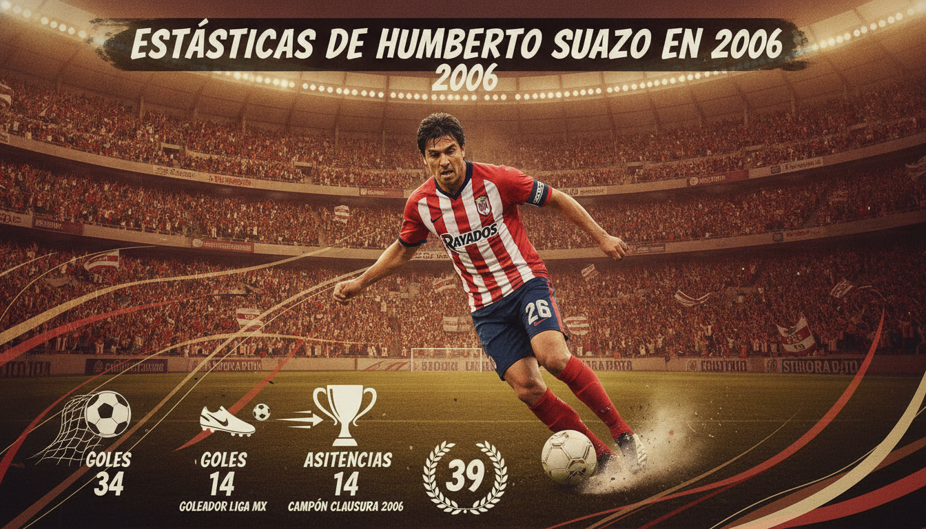A striking image capturing "Estadísticas de Humberto Suazo en 2006," featuring a detailed infographic on his impressive football achievements that year. In the foreground, showcase dynamic illustrations of goals, assists, and match highlights, represented by stylish graphics like goal icons and match statistics. The middle layer should depict Humberto Suazo in a vibrant soccer jersey, his determined expression showing passion for the game, positioned as if he's about to take a shot. In the background, a stadium filled with cheering fans creates an electrifying atmosphere, with soft stadium lights illuminating the scene. The overall mood is energetic and celebratory, highlighting the magic of Suazo's performance in 2006, with a warm color palette and dynamic lines suggesting movement and excitement. A striking image capturing "Estadísticas de Humberto Suazo en 2006," featuring a detailed infographic on his impressive football achievements that year. In the foreground, showcase dynamic illustrations of goals, assists, and match highlights, represented by stylish graphics like goal icons and match statistics. The middle layer should depict Humberto Suazo in a vibrant soccer jersey, his determined expression showing passion for the game, positioned as if he's about to take a shot. In the background, a stadium filled with cheering fans creates an electrifying atmosphere, with soft stadium lights illuminating the scene. The overall mood is energetic and celebratory, highlighting the magic of Suazo's performance in 2006, with a warm color palette and dynamic lines suggesting movement and excitement.