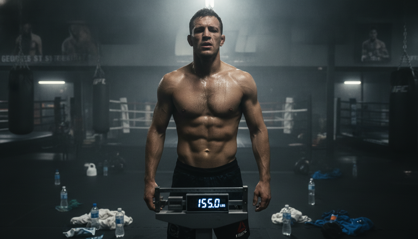 A tense MMA fighter stands on a scale, their expression reflecting both determination and anxiety, drenched in sweat. The foreground features the scale displaying a weight reading, hinting at the intense weight-cutting process. In the middle, a steam-filled gym environment with water bottles and towels scattered around, illustrating the struggle of hydration loss. Shadows and dramatic lighting pull focus towards the fighter, highlighting the tension in their muscles and the serious nature of the moment. The background showcases blurred gym equipment and posters of famous fighters, reinforcing a sense of urgency. The overall atmosphere is intense and somber, capturing the dangerous reality of extreme weight cutting in MMA, with emphasis on the physical and mental toll it takes on athletes. A tense MMA fighter stands on a scale, their expression reflecting both determination and anxiety, drenched in sweat. The foreground features the scale displaying a weight reading, hinting at the intense weight-cutting process. In the middle, a steam-filled gym environment with water bottles and towels scattered around, illustrating the struggle of hydration loss. Shadows and dramatic lighting pull focus towards the fighter, highlighting the tension in their muscles and the serious nature of the moment. The background showcases blurred gym equipment and posters of famous fighters, reinforcing a sense of urgency. The overall atmosphere is intense and somber, capturing the dangerous reality of extreme weight cutting in MMA, with emphasis on the physical and mental toll it takes on athletes.