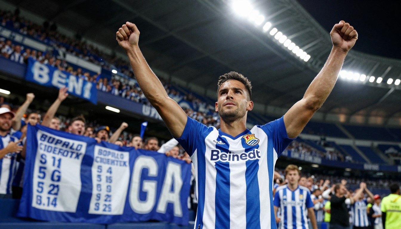 A triumphant Claudio Bravo celebrating a memorable moment during his time at Real Sociedad, dressed in the club's iconic blue and white striped jersey, arms raised in victory. In the foreground, focus on Bravo’s determined expression, capturing the essence of his professional achievements. In the middle, depict a subtle blur of fans in the stands, holding banners that showcase his impressive records, conveying a sense of excitement and support. The background features the Real Sociedad stadium under bright stadium lights, enhancing the competitive atmosphere of a match day. Use a dynamic angle as if taken from the sidelines, emphasizing movement and energy. The overall mood should be one of pride and accomplishment, highlighting Bravo's significant contributions to the team's history. A triumphant Claudio Bravo celebrating a memorable moment during his time at Real Sociedad, dressed in the club's iconic blue and white striped jersey, arms raised in victory. In the foreground, focus on Bravo’s determined expression, capturing the essence of his professional achievements. In the middle, depict a subtle blur of fans in the stands, holding banners that showcase his impressive records, conveying a sense of excitement and support. The background features the Real Sociedad stadium under bright stadium lights, enhancing the competitive atmosphere of a match day. Use a dynamic angle as if taken from the sidelines, emphasizing movement and energy. The overall mood should be one of pride and accomplishment, highlighting Bravo's significant contributions to the team's history.