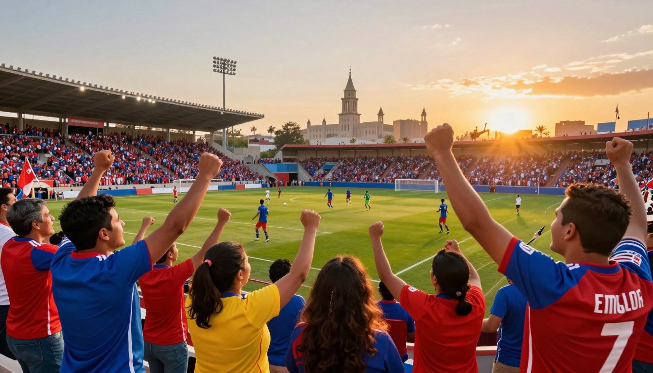 A vibrant scene capturing the essence of Chilean football, highlighting a lively stadium filled with passionate fans in colorful jerseys. In the foreground, a diverse group of supporters, including men and women of varying ages, joyfully celebrating a goal, their expressions filled with excitement and pride. The middle ground showcases a dynamic football match, with players in action, showcasing their skills on the field. The background features iconic Chilean landmarks silhouetted against a stunning sunset, casting warm golden hues over the scene. Use dramatic lighting to enhance the emotions, with a focus on the interplay of shadows and highlights. The overall atmosphere should evoke a sense of camaraderie, passion, and the rich history of Chilean football. No text or logos present.