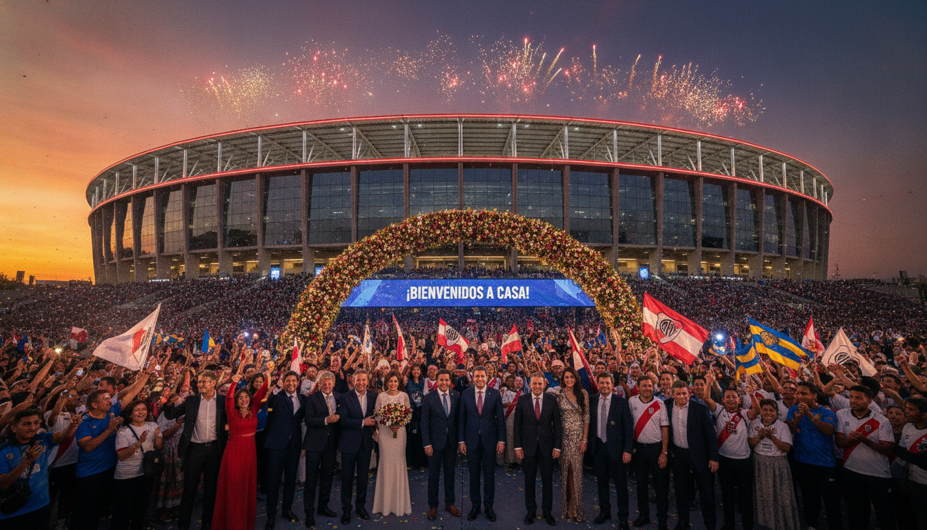 A vibrant scene capturing the inauguration and reinauguration of the Estadio Monumental. In the foreground, a diverse group of elegantly dressed attendees, including dignitaries and fans, engage in lively celebration, some holding flags. The middle ground features the grand stadium illuminated with bright lights, showcasing its modern architecture and details, like the impressive facade and large entrance. Behind, a twilight sky adds warmth, transitioning from orange to deep blue, enhancing the festive atmosphere. The scene is shot at a dynamic angle, emphasizing the scale of the stadium while showcasing the excitement of the event. The overall mood is joyous and triumphant, reflecting a historic moment for the community. A vibrant scene capturing the inauguration and reinauguration of the Estadio Monumental. In the foreground, a diverse group of elegantly dressed attendees, including dignitaries and fans, engage in lively celebration, some holding flags. The middle ground features the grand stadium illuminated with bright lights, showcasing its modern architecture and details, like the impressive facade and large entrance. Behind, a twilight sky adds warmth, transitioning from orange to deep blue, enhancing the festive atmosphere. The scene is shot at a dynamic angle, emphasizing the scale of the stadium while showcasing the excitement of the event. The overall mood is joyous and triumphant, reflecting a historic moment for the community.