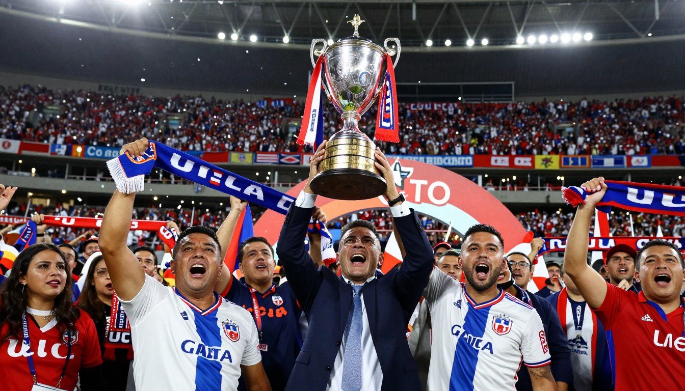 A vibrant stadium scene celebrating Universidad Católica's historic tetracampeonato in Chilean football. In the foreground, passionate fans wearing UC jerseys wave flags and hold scarves, their faces expressing joy and excitement. The middle ground features the trophy being lifted by players in formal football attire, showcasing their pride and achievement. In the background, the stadium is packed with a sea of supporters, colorful banners, and confetti raining down, creating a festive atmosphere. The lighting is bright and dramatic, emphasizing the triumphant moment, captured from a low-angle perspective to highlight the players and trophy against the cheering crowd. The overall mood is celebratory and triumphant, reflecting the unprecedented milestone in Chilean football.