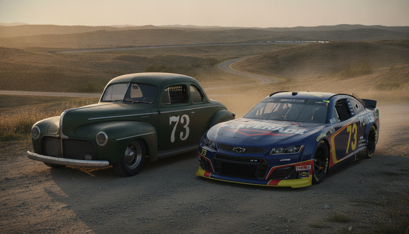 A vivid scene capturing the evolution of NASCAR, featuring two distinct race cars: one styled as a historic bootlegger vehicle, showcasing retro influences with a rugged, modified body and vintage paint scheme, representing the contraband era; the other is a sleek, modern NASCAR racer, aerodynamically designed with vibrant racing colors and sponsor logos, symbolizing speed. In the foreground, the classic car is parked beside the modern racer on a dirt road, with dust particles catching the sunlight. The background features a picturesque southern landscape with rolling hills and a setting sun, casting golden rays across the scene. The atmosphere is dynamic, conveying the transition from law evasion to racing innovation, enhanced by warm lighting. The composition should have a slightly tilted angle to create excitement. A vivid scene capturing the evolution of NASCAR, featuring two distinct race cars: one styled as a historic bootlegger vehicle, showcasing retro influences with a rugged, modified body and vintage paint scheme, representing the contraband era; the other is a sleek, modern NASCAR racer, aerodynamically designed with vibrant racing colors and sponsor logos, symbolizing speed. In the foreground, the classic car is parked beside the modern racer on a dirt road, with dust particles catching the sunlight. The background features a picturesque southern landscape with rolling hills and a setting sun, casting golden rays across the scene. The atmosphere is dynamic, conveying the transition from law evasion to racing innovation, enhanced by warm lighting. The composition should have a slightly tilted angle to create excitement.