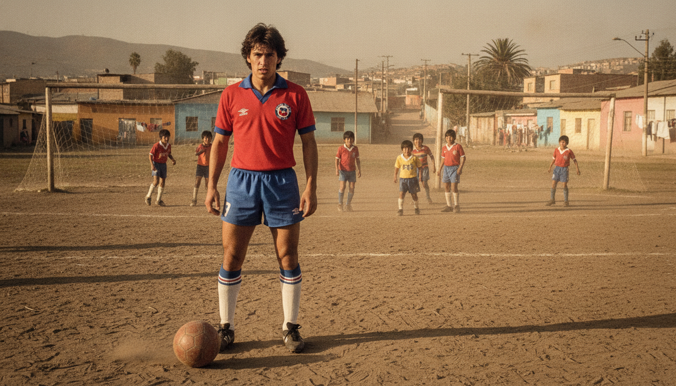 A young, determined Bam Bam Zamorano in his early football career in Chile, showcasing his unique style on the field. He is wearing a classic Chilean football kit, with vibrant red and blue colors, standing confidently with a football at his feet. In the foreground, capture the dynamic pose of Zamorano, demonstrating his athletic build and focused expression. In the middle ground, include a group of enthusiastic young players practicing in a dusty, sunlit football field, surrounded by modest wooden goalposts. The background features a colorful local neighborhood, evoking a sense of community and passion for football. The sunlight casts long shadows, enhancing the warm and nostalgic atmosphere of his beginnings in the sport. The image should reflect excitement, ambition, and the spirit of youth in Chilean football. A young, determined Bam Bam Zamorano in his early football career in Chile, showcasing his unique style on the field. He is wearing a classic Chilean football kit, with vibrant red and blue colors, standing confidently with a football at his feet. In the foreground, capture the dynamic pose of Zamorano, demonstrating his athletic build and focused expression. In the middle ground, include a group of enthusiastic young players practicing in a dusty, sunlit football field, surrounded by modest wooden goalposts. The background features a colorful local neighborhood, evoking a sense of community and passion for football. The sunlight casts long shadows, enhancing the warm and nostalgic atmosphere of his beginnings in the sport. The image should reflect excitement, ambition, and the spirit of youth in Chilean football.