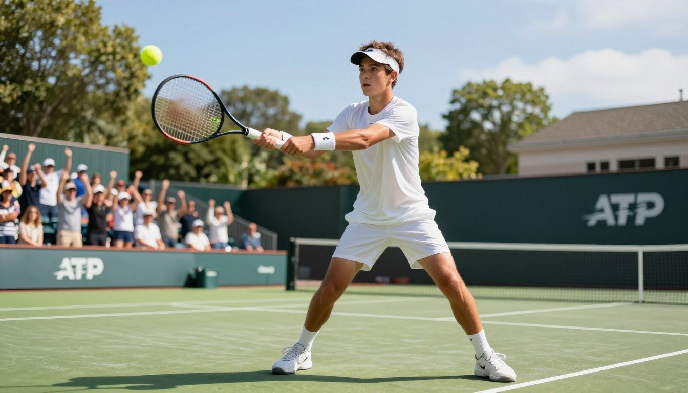 A young male tennis player in a professional tennis outfit, showcasing determination and focus, stands on a vibrant green clay court. In the foreground, the player is poised with a tennis racket, captured mid-swing as he strikes the ball, showcasing his powerful form and athletic build. In the middle ground, blurred spectators cheer, emphasizing the intensity of the match atmosphere. The background features a sunny day with a clear blue sky, surrounded by lush trees and the iconic ATP logo visible on court-side banners. The lighting is bright and warm, highlighting the player's expression of perseverance and ambition. The angle captures a dynamic perspective that emphasizes motion and energy, reflecting the beginning of a promising career. A young male tennis player in a professional tennis outfit, showcasing determination and focus, stands on a vibrant green clay court. In the foreground, the player is poised with a tennis racket, captured mid-swing as he strikes the ball, showcasing his powerful form and athletic build. In the middle ground, blurred spectators cheer, emphasizing the intensity of the match atmosphere. The background features a sunny day with a clear blue sky, surrounded by lush trees and the iconic ATP logo visible on court-side banners. The lighting is bright and warm, highlighting the player's expression of perseverance and ambition. The angle captures a dynamic perspective that emphasizes motion and energy, reflecting the beginning of a promising career.