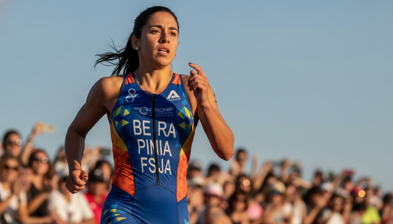 Bárbara Riveros, a dynamic triathlete, captured mid-race, showcasing her athleticism and determination. In the foreground, she is sprinting with a focused expression, wearing a sleek, professional triathlon suit in bold colors, symbolizing her competitive spirit. Her hair is pulled back tightly, displaying her concentration. The middle ground features a blurred backdrop of cheering spectators, capturing the excitement and intensity of the event. The background depicts a sunny day with a clear blue sky, emphasizing a vibrant atmosphere. Soft sunlight enhances the overall brightness, casting dynamic shadows to create depth. The angle is slightly low, emphasizing her motion and stature as a champion. This image conveys the energy and commitment of a world-class triathlete in action.