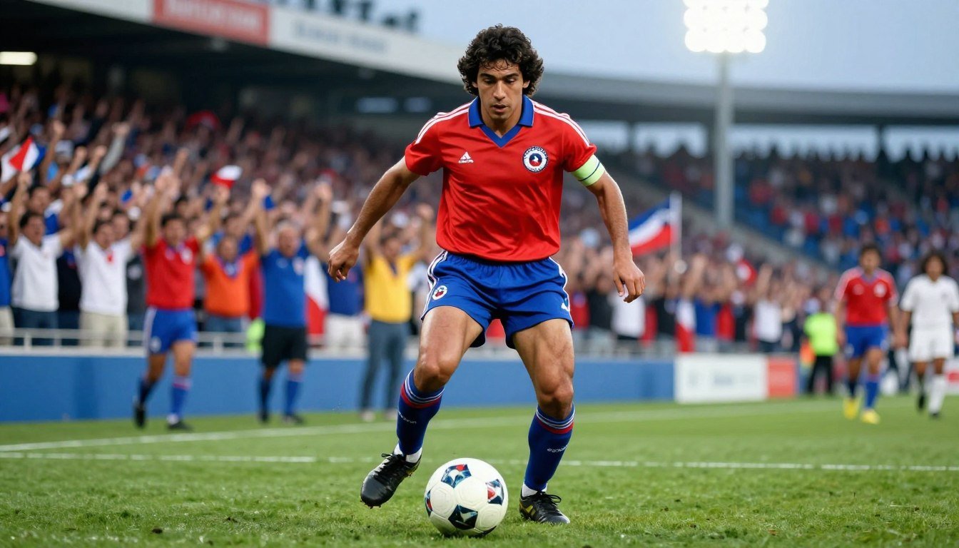 Elías Figueroa, a legendary Chilean football defender, is depicted in a dynamic action pose, dribbling the ball on a vibrant football pitch. In the foreground, his focused expression and athletic build showcase his prowess. The middle ground features cheering fans adorned in Chilean national colors, encapsulating a spirit of pride and unity. The background reveals a blurry stadium with floodlights illuminating the scene, creating an electrifying atmosphere. The image is saturated with rich colors to evoke passion, with a soft focus on Figueroa to emphasize his importance in Chilean football history. The overall mood is celebratory and energetic, capturing Figueroa's legacy as "King of America" in football. The composition is shot from a low angle to enhance his stature on the field, suggesting determination and influence. Elías Figueroa, a legendary Chilean football defender, is depicted in a dynamic action pose, dribbling the ball on a vibrant football pitch. In the foreground, his focused expression and athletic build showcase his prowess. The middle ground features cheering fans adorned in Chilean national colors, encapsulating a spirit of pride and unity. The background reveals a blurry stadium with floodlights illuminating the scene, creating an electrifying atmosphere. The image is saturated with rich colors to evoke passion, with a soft focus on Figueroa to emphasize his importance in Chilean football history. The overall mood is celebratory and energetic, capturing Figueroa's legacy as "King of America" in football. The composition is shot from a low angle to enhance his stature on the field, suggesting determination and influence.