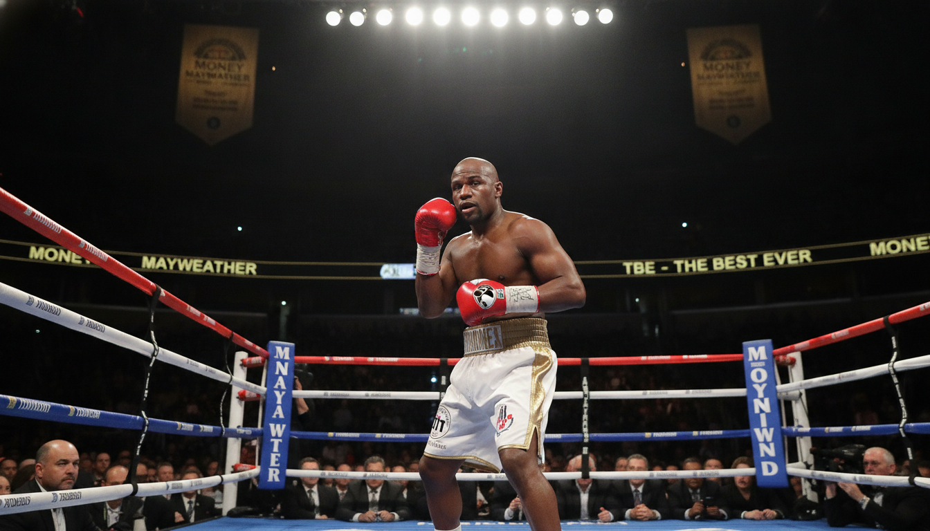 Floyd Mayweather in a defensive boxing stance in the center of a professional boxing ring. He is wearing a classic boxing outfit with hand wraps and boxing gloves, showing his signature focused expression. The foreground captures Mayweather holding his guard high, with his body angled to evade punches. The middle ground features the boxing ring with ropes that add tension, and an impressive crowd in dim light, hinting at anticipation. The background subtly features banners highlighting support for Mayweather, while the lighting focuses on him, creating a halo effect that emphasizes his importance. The overall atmosphere is intense and dynamic, celebrating his defensive style, with a slightly dramatic angle to enhance the action. Floyd Mayweather in a defensive boxing stance in the center of a professional boxing ring. He is wearing a classic boxing outfit with hand wraps and boxing gloves, showing his signature focused expression. The foreground captures Mayweather holding his guard high, with his body angled to evade punches. The middle ground features the boxing ring with ropes that add tension, and an impressive crowd in dim light, hinting at anticipation. The background subtly features banners highlighting support for Mayweather, while the lighting focuses on him, creating a halo effect that emphasizes his importance. The overall atmosphere is intense and dynamic, celebrating his defensive style, with a slightly dramatic angle to enhance the action.