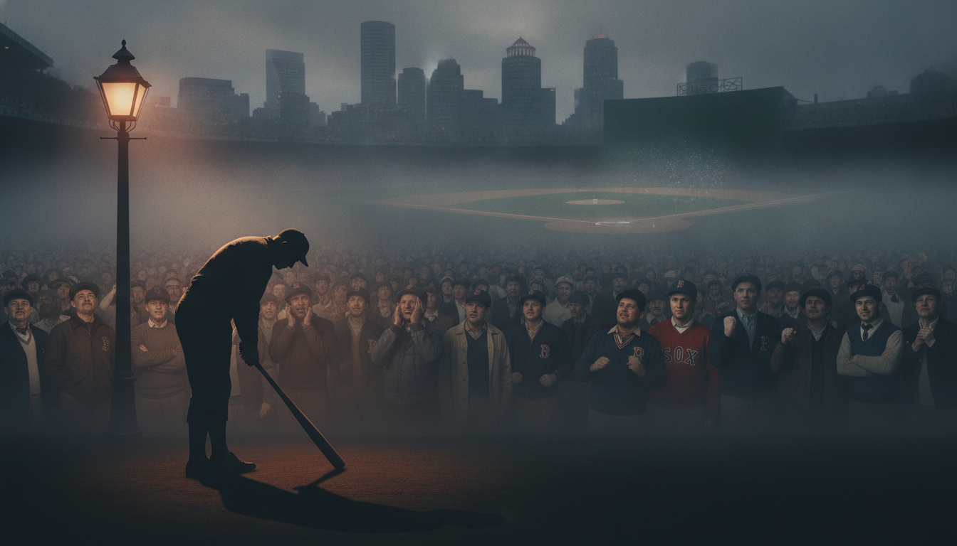 In the foreground, depict a shadowy figure of a baseball player, representing Babe Ruth, with a vintage baseball bat, standing ominously beneath a dimly lit streetlamp. His silhouette is slightly hunched, evoking an air of regret. In the middle ground, illustrate a somber scene of the Fenway Park crowd, wearing old-fashioned Red Sox gear, showcasing a blend of anticipation and despair. Their faces reflect a range of emotions—hope, sadness, and frustration. In the background, create an atmospheric Boston skyline at twilight, shrouded in mist, with a ghostly outline of a baseball diamond emerging from the fog. Use a soft, diffused light to enhance the mood of nostalgia and melancholy, capturing the essence of a storied past in baseball history. Focus on a cinematic angle to evoke a sense of drama. In the foreground, depict a shadowy figure of a baseball player, representing Babe Ruth, with a vintage baseball bat, standing ominously beneath a dimly lit streetlamp. His silhouette is slightly hunched, evoking an air of regret. In the middle ground, illustrate a somber scene of the Fenway Park crowd, wearing old-fashioned Red Sox gear, showcasing a blend of anticipation and despair. Their faces reflect a range of emotions—hope, sadness, and frustration. In the background, create an atmospheric Boston skyline at twilight, shrouded in mist, with a ghostly outline of a baseball diamond emerging from the fog. Use a soft, diffused light to enhance the mood of nostalgia and melancholy, capturing the essence of a storied past in baseball history. Focus on a cinematic angle to evoke a sense of drama.