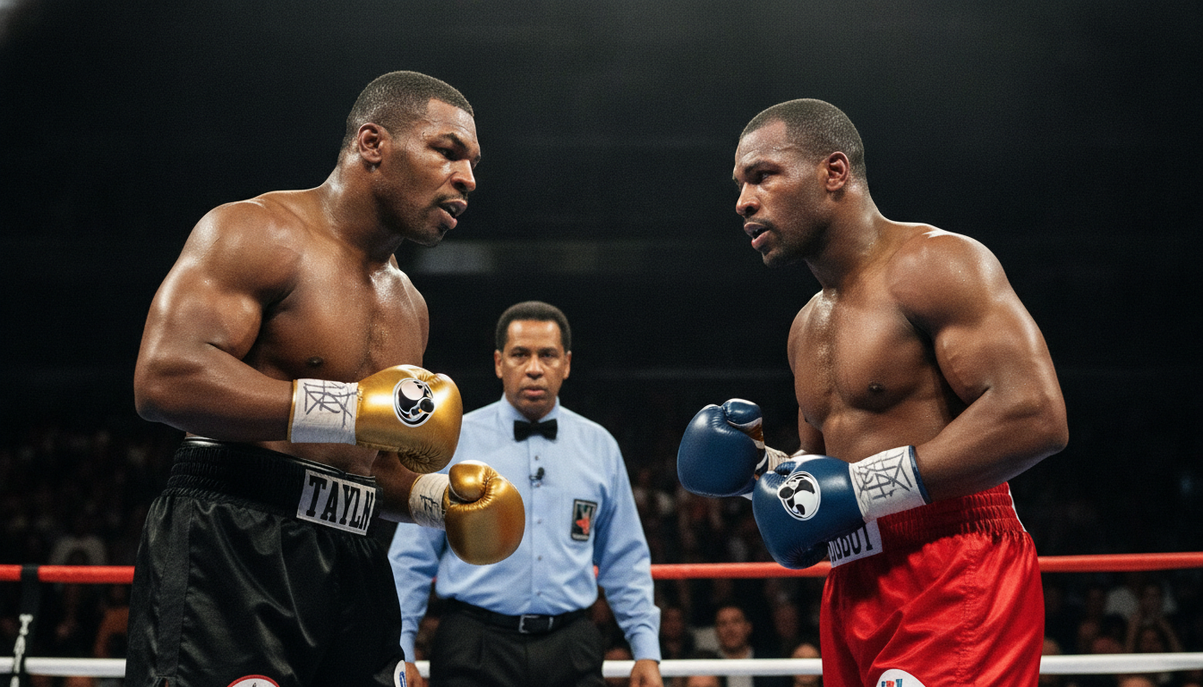 Mike Tyson and Evander Holyfield in the boxing ring during their infamous match on June 28, 1997. The two fighters are depicted with intense focus, sweat glistening on their foreheads, showcasing their muscular builds and boxing attire. Tyson, wearing his signature black trunks and yellow gloves, leans slightly forward, his expression fierce and determined. Holyfield, clad in red trunks and blue gloves, appears ready and defensive, his eyes locked onto Tyson. The foreground captures their intense stances, while the middle ground displays the referee standing cautiously between them. The crowd in the background is a blur of excitement, with bright lights casting dramatic shadows, enhancing the atmosphere of tension and anticipation. The angle is slightly elevated, capturing the fighters in action and emphasizing the stakes of the moment. Mike Tyson and Evander Holyfield in the boxing ring during their infamous match on June 28, 1997. The two fighters are depicted with intense focus, sweat glistening on their foreheads, showcasing their muscular builds and boxing attire. Tyson, wearing his signature black trunks and yellow gloves, leans slightly forward, his expression fierce and determined. Holyfield, clad in red trunks and blue gloves, appears ready and defensive, his eyes locked onto Tyson. The foreground captures their intense stances, while the middle ground displays the referee standing cautiously between them. The crowd in the background is a blur of excitement, with bright lights casting dramatic shadows, enhancing the atmosphere of tension and anticipation. The angle is slightly elevated, capturing the fighters in action and emphasizing the stakes of the moment.