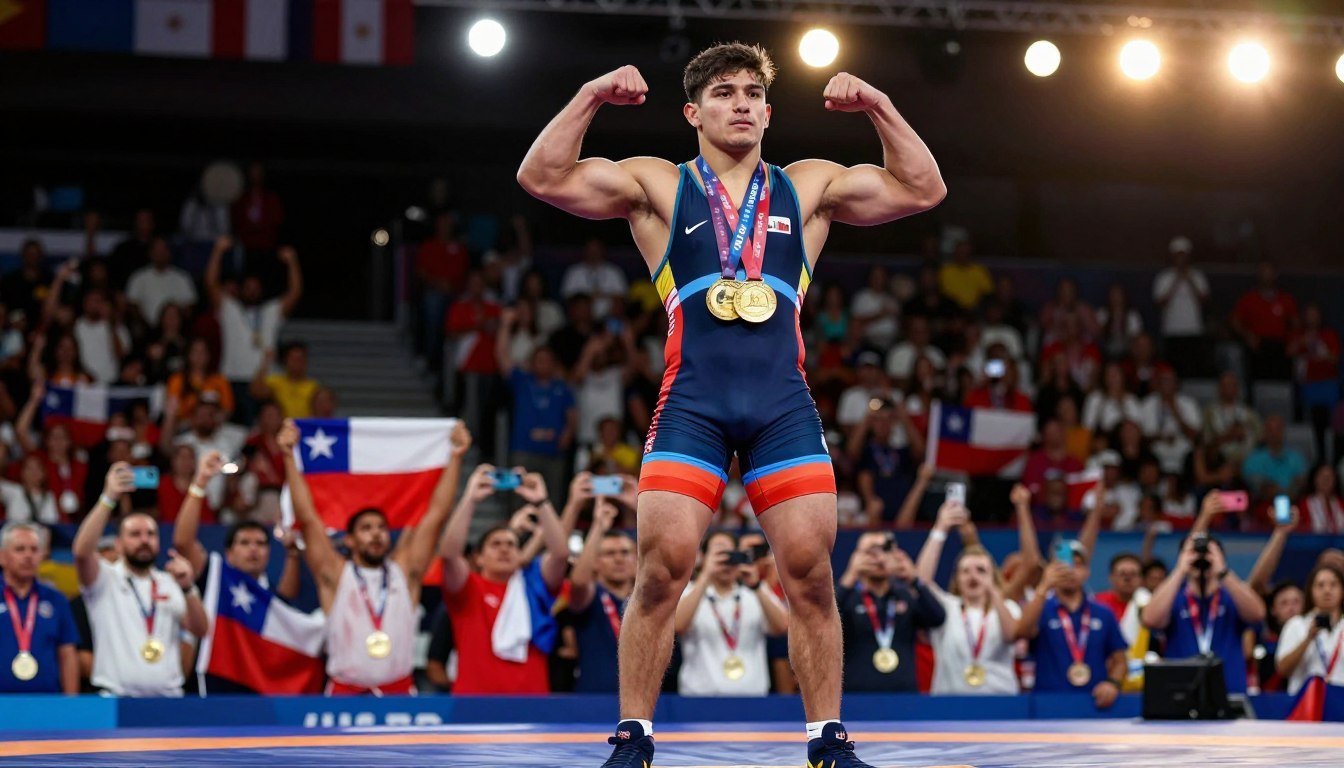 Yasmani Acosta, a celebrated Chilean Greco-Roman wrestler, stands triumphantly on a podium, adorned with gold and silver medals, showcasing his achievements. The foreground captures him in a dynamic pose, flexing his muscles and exuding strength, wearing a sleek, colorful wrestling singlet. His determined expression reflects both his perseverance and the spirit of competition. The middle layer features a blurred crowd of enthusiastic fans cheering, waving flags, and capturing the moment on their smartphones. The background is a vibrant wrestling arena, with bright lights illuminating the scene, creating an atmosphere of victory and celebration. The composition is shot from a slightly low angle, emphasizing Acosta's stature and achievements, while the lighting is warm and dramatic, enhancing the emotional intensity of this victorious moment.