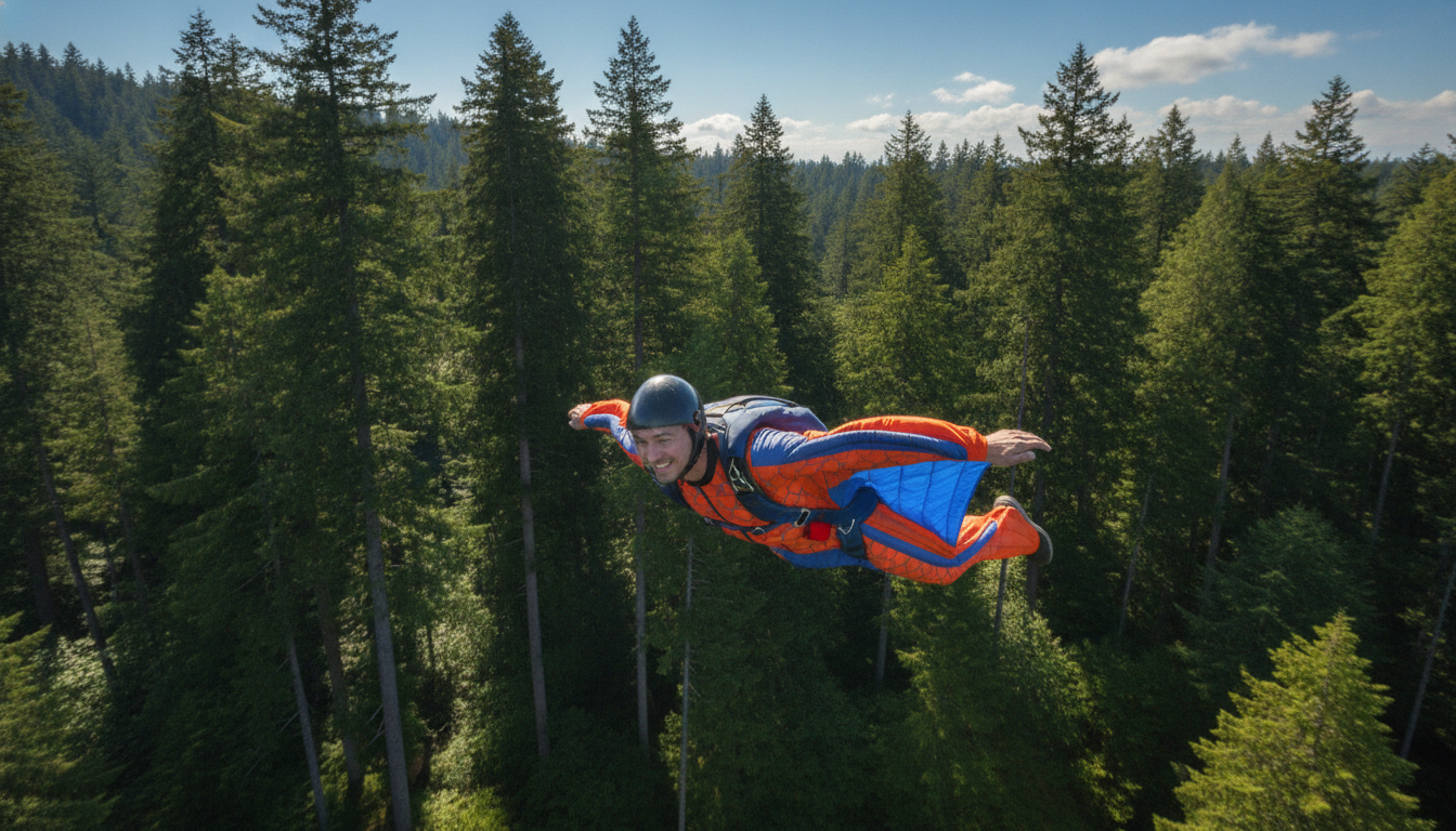 A breathtaking scene depicting a BASE jumper in a wingsuit soaring near a dense forest. In the foreground, the jumper is captured in mid-flight, showcasing a vibrant, streamlined wingsuit with detailed textures that reflect sunlight. The middle ground illustrates tall, lush trees framing the scene, with dappled sunlight filtering through the canopy, creating a sense of depth and excitement. The background features a clear blue sky with soft, fluffy clouds, enhancing the feeling of freedom and thrill. The lighting is bright and dynamic, emphasizing the adrenaline rush of the jump. The image conveys a mood of adventure and exhilaration, inviting viewers into the adrenaline-fueled world of wingsuit BASE jumping. A breathtaking scene depicting a BASE jumper in a wingsuit soaring near a dense forest. In the foreground, the jumper is captured in mid-flight, showcasing a vibrant, streamlined wingsuit with detailed textures that reflect sunlight. The middle ground illustrates tall, lush trees framing the scene, with dappled sunlight filtering through the canopy, creating a sense of depth and excitement. The background features a clear blue sky with soft, fluffy clouds, enhancing the feeling of freedom and thrill. The lighting is bright and dynamic, emphasizing the adrenaline rush of the jump. The image conveys a mood of adventure and exhilaration, inviting viewers into the adrenaline-fueled world of wingsuit BASE jumping.