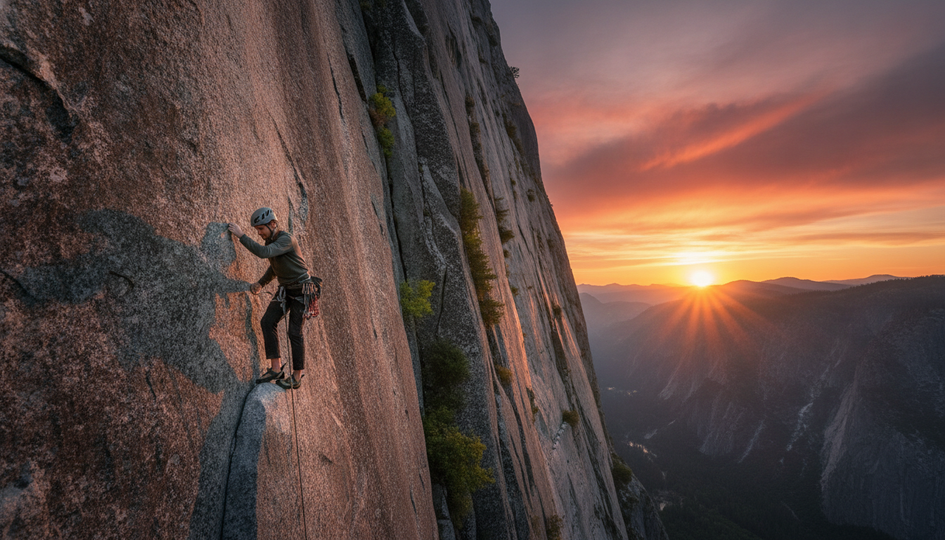 A breathtaking view of the Freerider route on El Capitan, showcasing a challenging vertical granite cliff. In the foreground, a climber in modest outdoor gear is executing a delicate move on a ledge, emphasizing the intensity of the climb. The midground features the sheer face of El Capitan, with intricate rock formations and patches of green vegetation contrasting against the grey stone. The background reveals a vibrant sunset, casting warm hues of orange and pink across the sky, enhancing the dramatic atmosphere. The lighting accentuates the climber's focus, reflecting a sense of adventure and overcoming fear. A wide-angle lens captures the grandeur of the landscape, highlighting the height and scale of the cliffs. The overall mood conveys both tension and awe, embodying the spirit of extreme climbing.