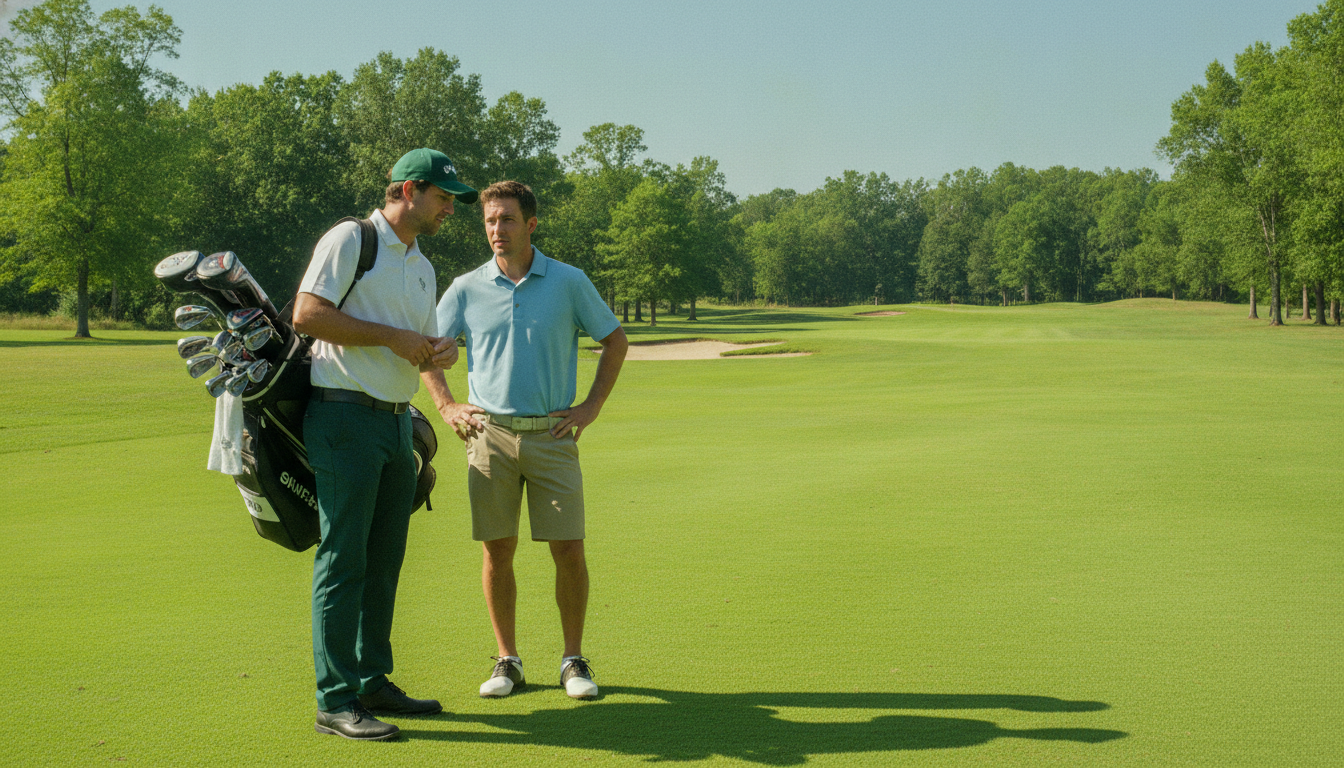 A caddie on a lush green golf course, dressed in professional attire, carrying an assortment of golf clubs on his shoulder. In the foreground, the caddie shows concentration, conversing with a golfer in a polo shirt. The middle ground captures a beautiful golf course scene with well-maintained fairways and a distant sand trap. Towering trees are visible in the background under a bright blue sky, with soft, natural lighting casting gentle shadows on the ground. The mood is one of focus and professionalism, reflecting the demanding yet rewarding nature of a caddie's work. The angle is slightly low, emphasizing the caddie’s importance in the game and the luxurious setting of the golf course. A caddie on a lush green golf course, dressed in professional attire, carrying an assortment of golf clubs on his shoulder. In the foreground, the caddie shows concentration, conversing with a golfer in a polo shirt. The middle ground captures a beautiful golf course scene with well-maintained fairways and a distant sand trap. Towering trees are visible in the background under a bright blue sky, with soft, natural lighting casting gentle shadows on the ground. The mood is one of focus and professionalism, reflecting the demanding yet rewarding nature of a caddie's work. The angle is slightly low, emphasizing the caddie’s importance in the game and the luxurious setting of the golf course.