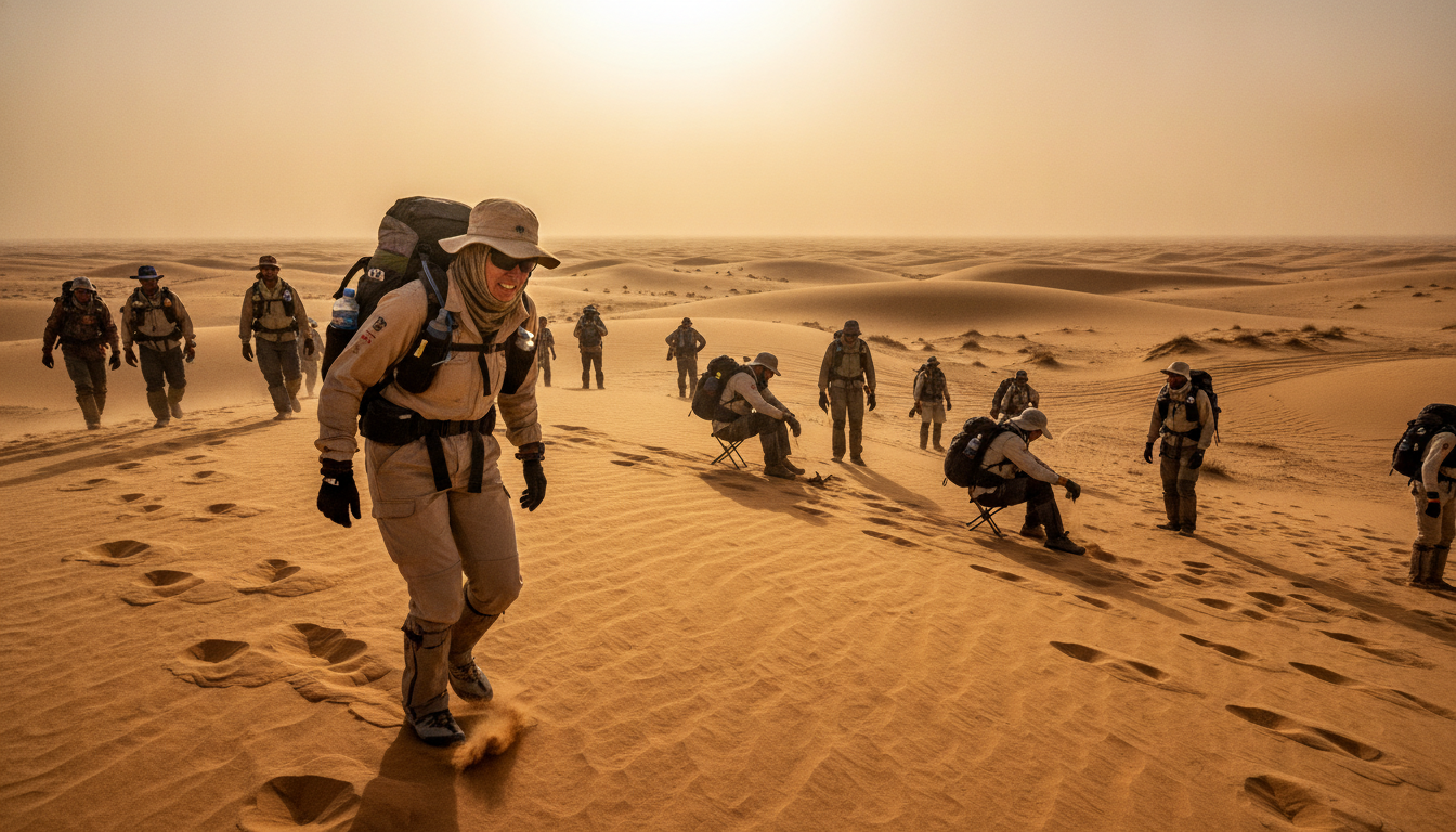 A challenging scene depicting the Marathon des Sables in the Sahara Desert. In the foreground, a determined runner dressed in a sun-protective outfit, carrying a backpack filled with supplies, struggles against shifting sands. The runner’s expression reflects determination and endurance. In the middle ground, a diverse group of competitors can be seen navigating the harsh terrain, showcasing a variety of strategies: some sitting on the ground to rest, others sipping water from hydration packs, all surrounded by rugged, undulating sand dunes. The background features an endless horizon under an intense sun, casting long shadows and creating a harsh, sun-bleached atmosphere. The lighting is bright and harsh, emphasizing the heat and challenges of desert survival. The mood conveys resilience and determination in the face of extreme conditions. A challenging scene depicting the Marathon des Sables in the Sahara Desert. In the foreground, a determined runner dressed in a sun-protective outfit, carrying a backpack filled with supplies, struggles against shifting sands. The runner’s expression reflects determination and endurance. In the middle ground, a diverse group of competitors can be seen navigating the harsh terrain, showcasing a variety of strategies: some sitting on the ground to rest, others sipping water from hydration packs, all surrounded by rugged, undulating sand dunes. The background features an endless horizon under an intense sun, casting long shadows and creating a harsh, sun-bleached atmosphere. The lighting is bright and harsh, emphasizing the heat and challenges of desert survival. The mood conveys resilience and determination in the face of extreme conditions.