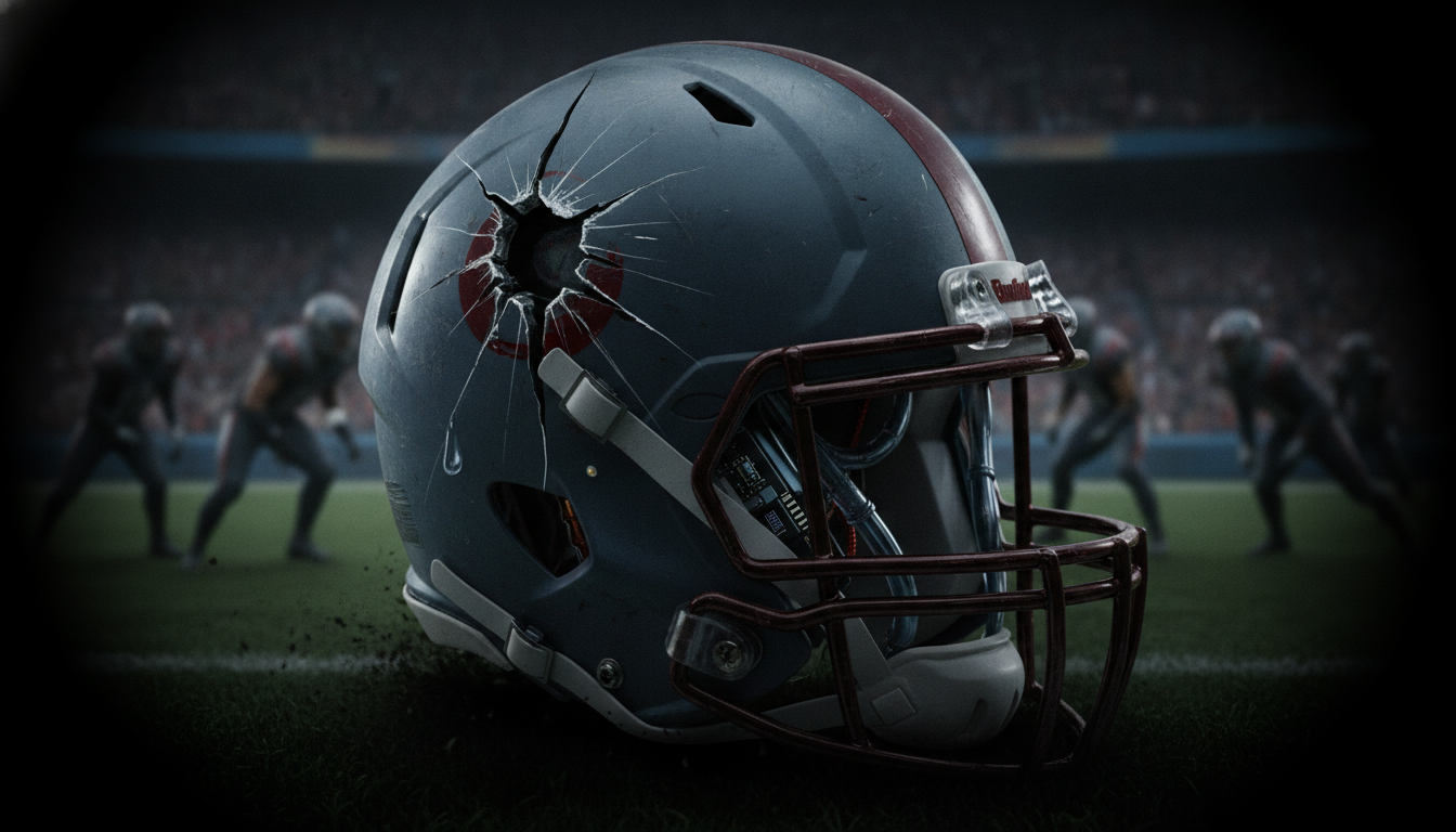 A close-up scene of an American football helmet, designed with advanced technology and safety features, partially shattered to symbolize the impact of concussions. The foreground shows the helmet with intricate details of its padding and safety innovations. In the middle ground, blurred figures of professional football players in action, wearing high-tech uniforms and helmets, highlighting the intensity and physicality of the sport. The background features a blurred football stadium filled with spectators, emphasizing the high-stakes environment of the game. Dramatic lighting casts deep shadows, creating a tense atmosphere, while a slight vignette effect focuses attention on the helmet and conveys the seriousness of head injuries in football. The overall mood is somber yet striking, reflecting the urgent need for change in player safety. A close-up scene of an American football helmet, designed with advanced technology and safety features, partially shattered to symbolize the impact of concussions. The foreground shows the helmet with intricate details of its padding and safety innovations. In the middle ground, blurred figures of professional football players in action, wearing high-tech uniforms and helmets, highlighting the intensity and physicality of the sport. The background features a blurred football stadium filled with spectators, emphasizing the high-stakes environment of the game. Dramatic lighting casts deep shadows, creating a tense atmosphere, while a slight vignette effect focuses attention on the helmet and conveys the seriousness of head injuries in football. The overall mood is somber yet striking, reflecting the urgent need for change in player safety.