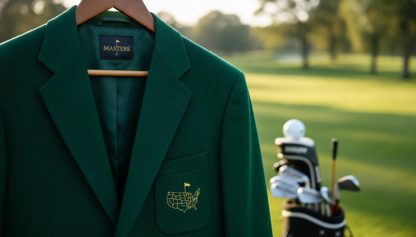 A close-up view of a vibrant green Masters jacket, rich in texture, with the iconic gold Masters insignia prominently displayed. The jacket is neatly hung on a wooden hanger against a softly blurred background of a lush golf course, where gently rolling hills and manicured greens set a serene atmosphere. Soft sunlight filters through trees, creating dappled light that highlights the jacket's fine fabric. Add hints of golf paraphernalia in the background, like a golf ball and clubs, to emphasize the sport. The image should convey an air of exclusivity and tradition, with a focus on the jacket's significance in the world of golf. The composition should be taken with a shallow depth of field to maintain focus on the jacket while softly blurring the background.