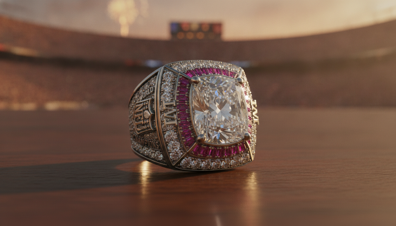 A close-up view of an ornate Super Bowl championship ring resting on a polished wooden table. The ring is prominently displayed, showcasing its intricate design featuring a large central diamond surrounded by smaller diamonds, gleaming under soft, dramatic lighting. In the background, blurred silhouettes of a football stadium can be seen, evoking the excitement of the game. The mood is celebratory and luxurious, with a warm golden hue that highlights the ring's details. The image should be captured with a shallow depth of field, focusing on the ring while gently blurring the background, creating a sense of elegance and prestige. A close-up view of an ornate Super Bowl championship ring resting on a polished wooden table. The ring is prominently displayed, showcasing its intricate design featuring a large central diamond surrounded by smaller diamonds, gleaming under soft, dramatic lighting. In the background, blurred silhouettes of a football stadium can be seen, evoking the excitement of the game. The mood is celebratory and luxurious, with a warm golden hue that highlights the ring's details. The image should be captured with a shallow depth of field, focusing on the ring while gently blurring the background, creating a sense of elegance and prestige.