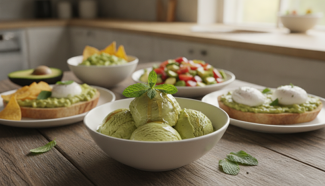 A delicious bowl of avocado ice cream, elegantly presented with a garnish of fresh mint leaves and a drizzle of honey, sits on a rustic wooden table in the foreground. The ice cream is a vibrant green, creamy in texture, reflecting light with a subtle sheen, inviting viewers to indulge. In the middle ground, a beautifully plated assortment of avocado-based dishes showcases the versatility of the ingredient, emphasizing a healthy diet. The background features a softly blurred kitchen setting with warm, natural light flooding in through a window, creating a cozy atmosphere. The mood is fresh and vibrant, capturing the essence of a nutritious yet delightful dessert. The angle is slightly aerial, giving a comprehensive view while maintaining an inviting feel. A delicious bowl of avocado ice cream, elegantly presented with a garnish of fresh mint leaves and a drizzle of honey, sits on a rustic wooden table in the foreground. The ice cream is a vibrant green, creamy in texture, reflecting light with a subtle sheen, inviting viewers to indulge. In the middle ground, a beautifully plated assortment of avocado-based dishes showcases the versatility of the ingredient, emphasizing a healthy diet. The background features a softly blurred kitchen setting with warm, natural light flooding in through a window, creating a cozy atmosphere. The mood is fresh and vibrant, capturing the essence of a nutritious yet delightful dessert. The angle is slightly aerial, giving a comprehensive view while maintaining an inviting feel.