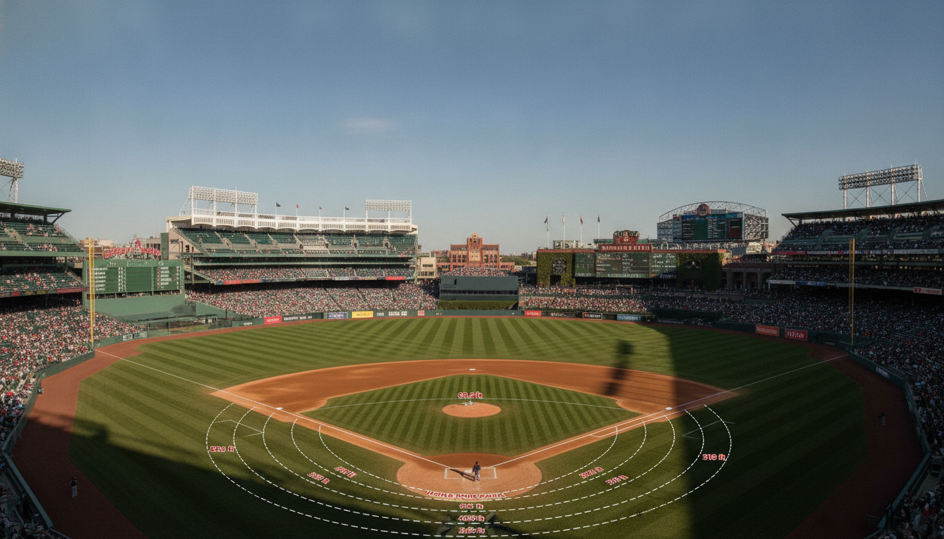 A detailed comparison of baseball stadiums, showcasing various distances and unique features. In the foreground, include a digital illustration of a baseball field with marked distances to bases and home run zones. The middle ground should feature multiple iconic stadiums like Fenway Park and Yankee Stadium, rendered in a photorealistic style with vibrant colors. Each stadium should have its distinctive characteristics highlighted, such as outfield wall heights and foul pole distances. In the background, a clear blue sky with soft sunlight, enhancing the overall atmosphere of a sunny game day. Use a wide-angle lens perspective to emphasize the size and scale of the stadiums, creating an engaging and informative visual representation suitable for educational purposes.