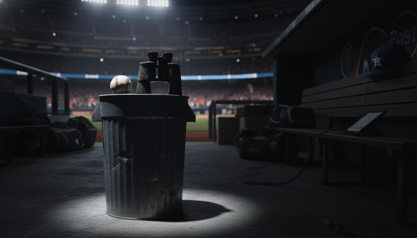 A detailed scene capturing the essence of the Houston Astros sign-stealing scandal in baseball. In the foreground, a large, metallic trash can sits open, with a baseball and a pair of binoculars resting on its rim, symbolizing the illicit tactics used. The middle ground shows a dimly lit baseball dugout, with an Astros team logo faintly visible on a cap, emphasizing secrecy and technology. The background features a blurred baseball stadium under stadium lights, bustling with fans, creating a tense atmosphere. Use dramatic shadows and focused lighting to highlight the trash can, reflecting the controversial nature of the scandal. The overall mood is one of intrigue and deception, underscoring the story of signal theft in sports.
