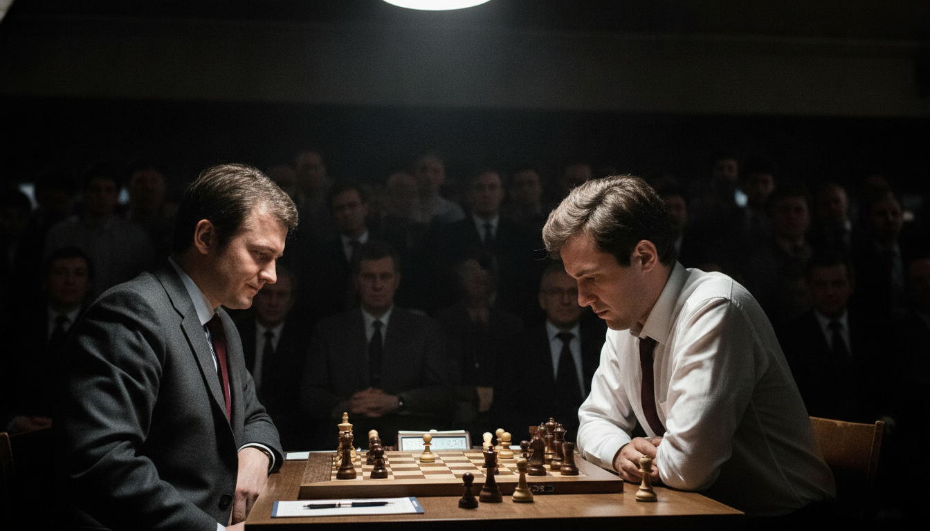 A dramatic chess match scene depicting Bobby Fischer and Boris Spassky as the protagonists. In the foreground, Bobby Fischer, a Caucasian man in his 30s, with short dark hair, wearing a crisp white dress shirt and a tie, leans forward intensely, analyzing the chessboard. In contrast, Boris Spassky, a Russian man around the same age, sits calmly across the table, dressed in a formal dark suit with a slight smile, radiating confidence. The chessboard, a classic wooden set, is at the center with pieces set mid-game, creating tension. The background features a dimly lit room filled with spectators, the ambiance charged and electric. A focused spotlight highlights the duo, casting deep shadows to enhance dramatic effect, capturing the essence of a Cold War chess battle.